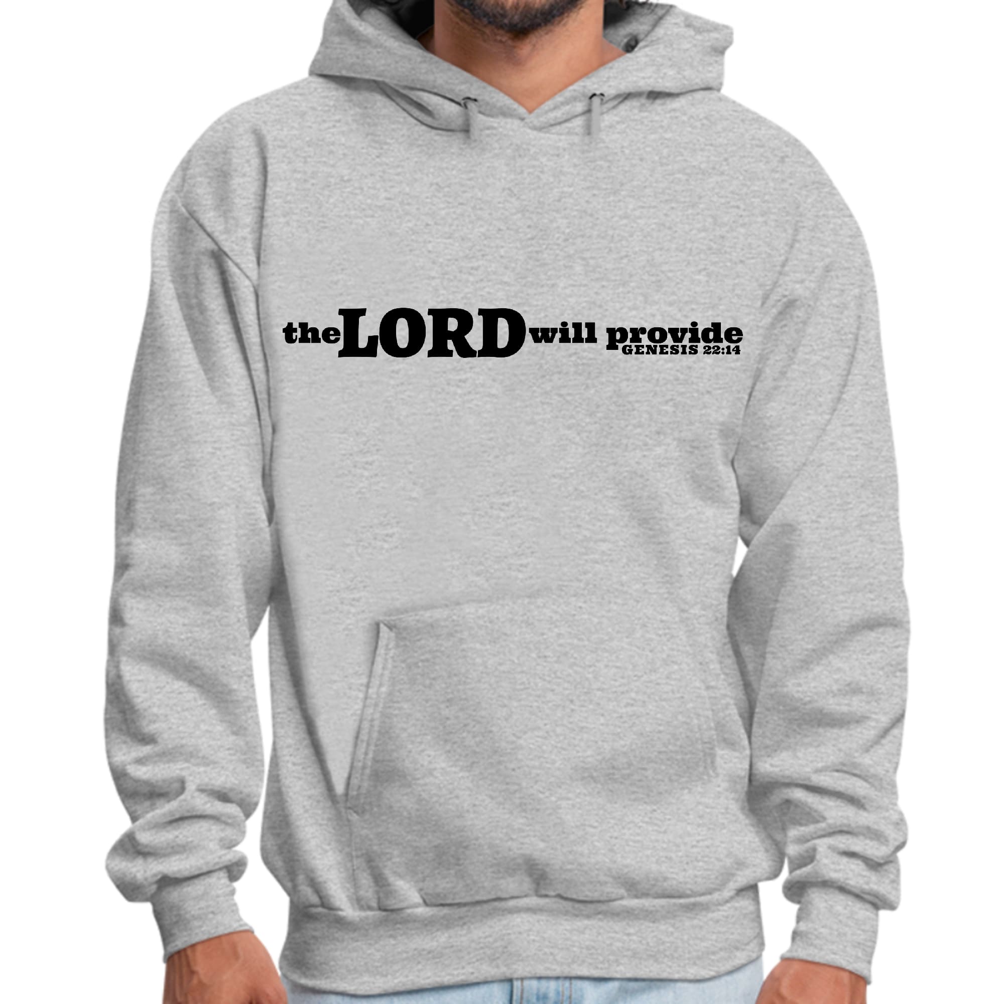 Men's black graphic hoodie with 'The Lord Will Provide' print, featuring a drawstring neckline and long sleeves.