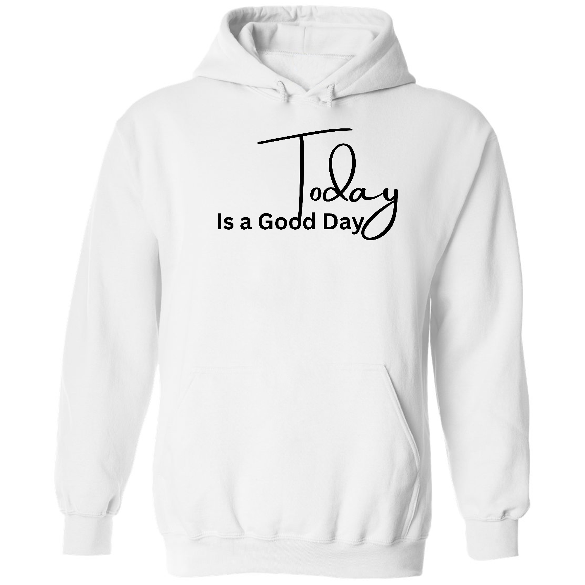 Men's graphic hoodie featuring 'Today is a Good Day' black illustration, showcasing a comfortable and stylish design.