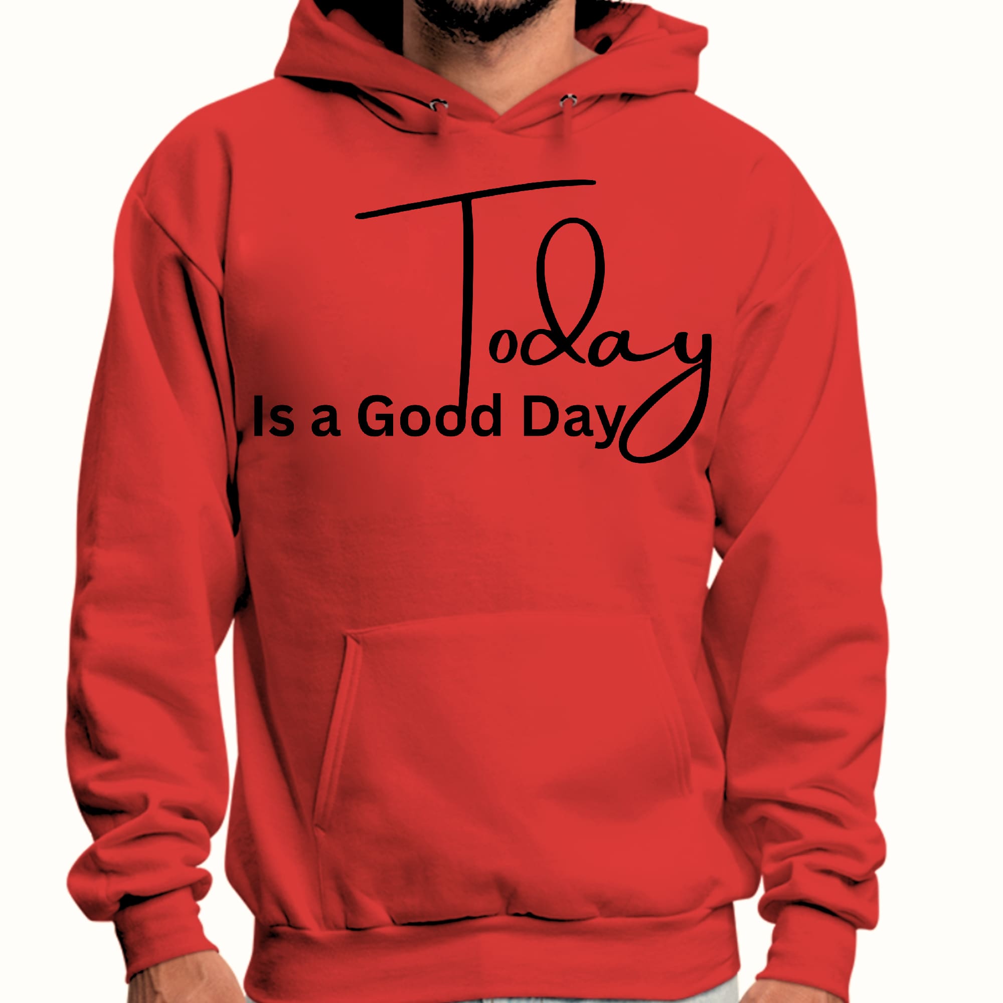 Men's graphic hoodie featuring 'Today is a Good Day' black illustration, showcasing a comfortable and stylish design.