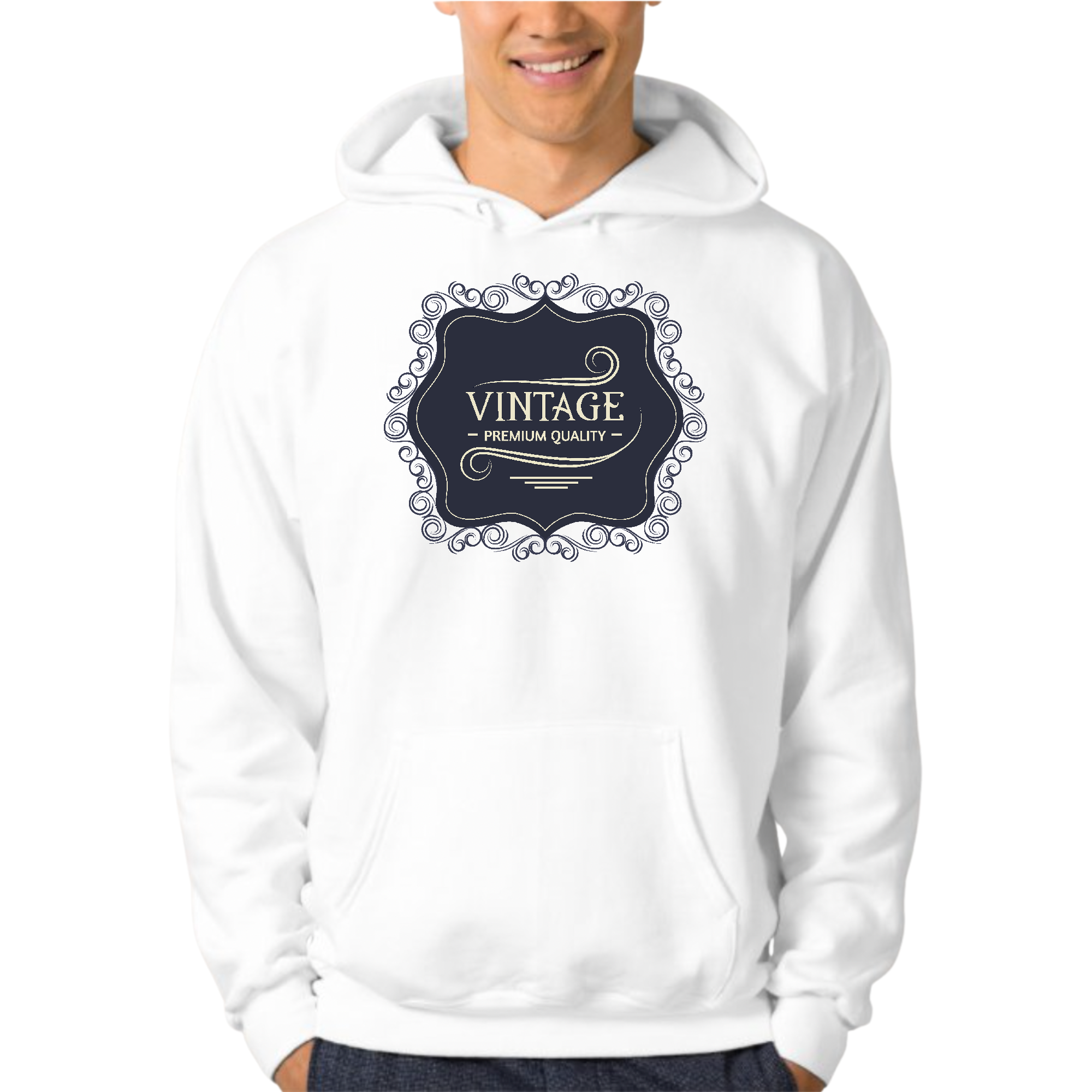 Men's graphic hoodie featuring a vintage black and beige illustration, showcasing a soft and comfortable design.