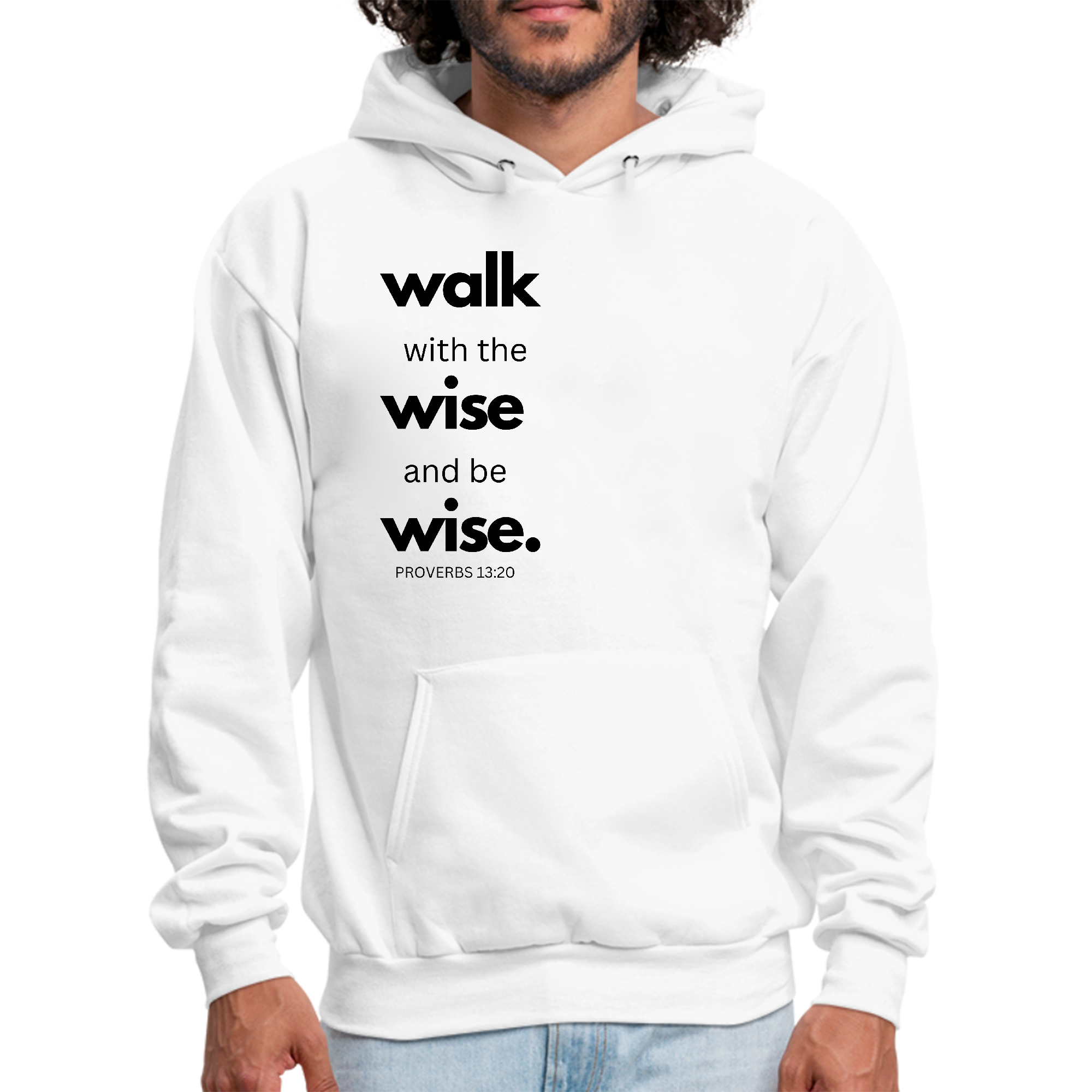 Mens Graphic Hoodie featuring a black illustration of 'Walk with the Wise', showcasing its stylish design and comfortable fit.