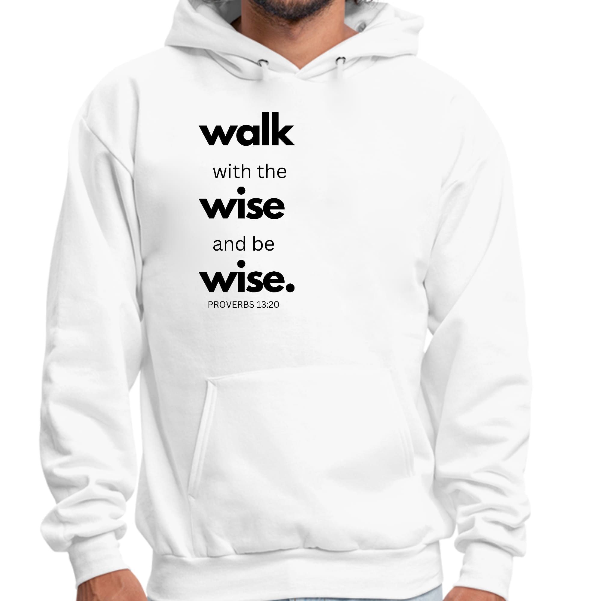 Mens Graphic Hoodie featuring a black illustration of 'Walk with the Wise', showcasing its stylish design and comfortable fit.