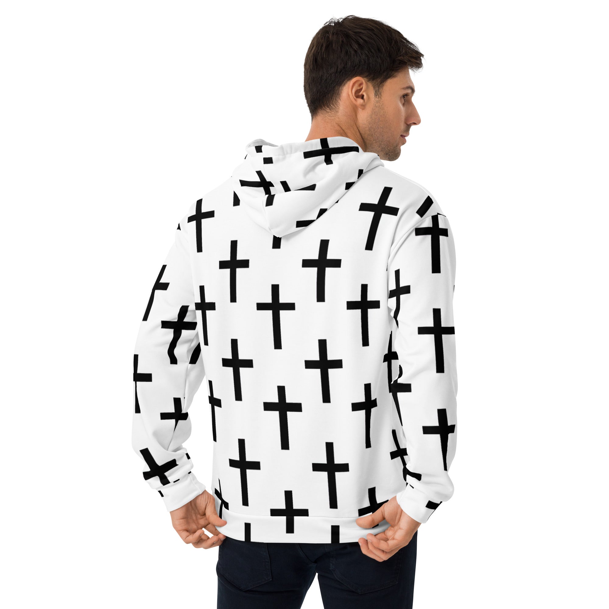 Men's Graphic Hoodie featuring a white and black seamless cross print, showcasing a modern design with a double-lined hood and front pouch pocket.