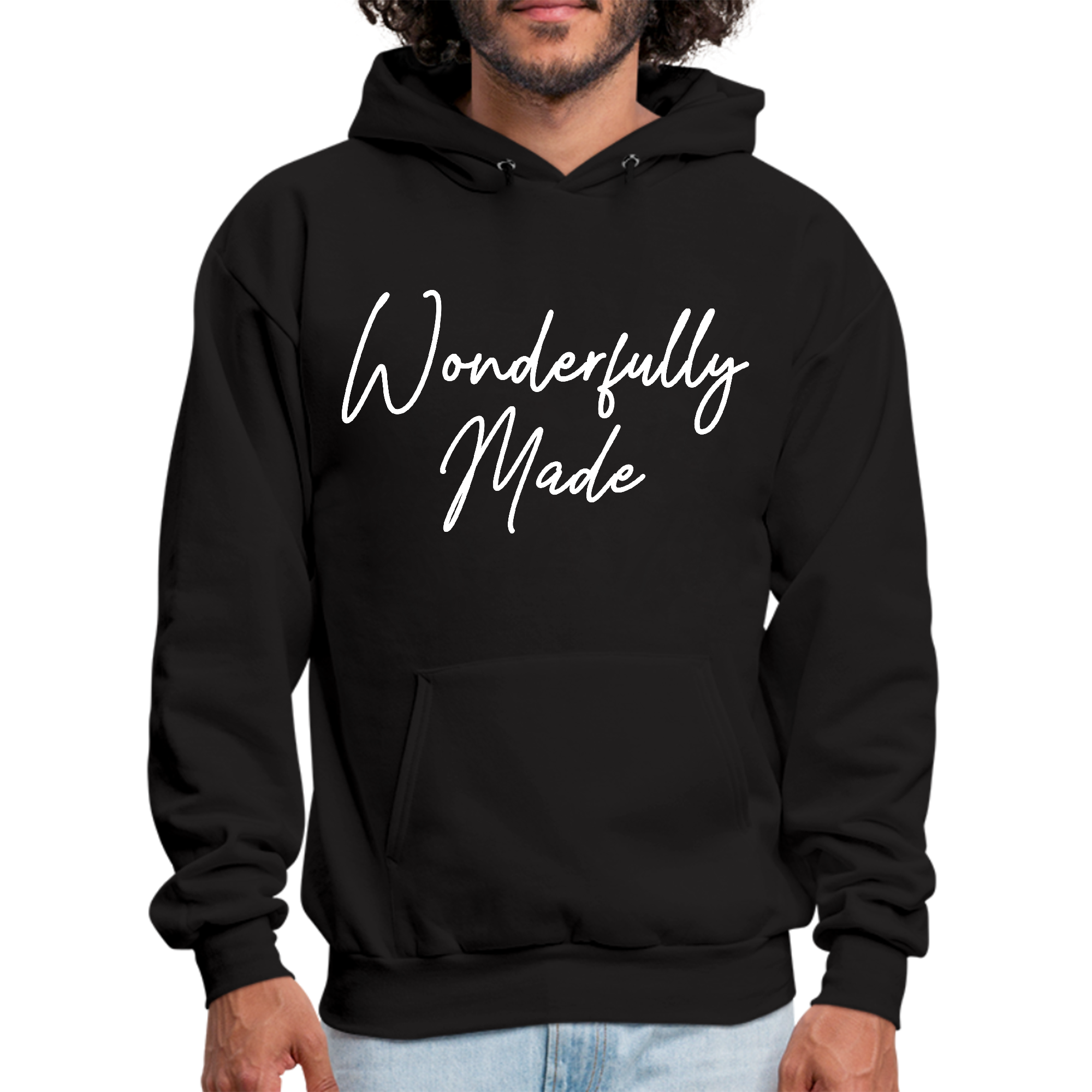 Mens Graphic Hoodie Wonderfully Made featuring a stylish design, drawstring neckline, and long sleeves, perfect for casual wear.