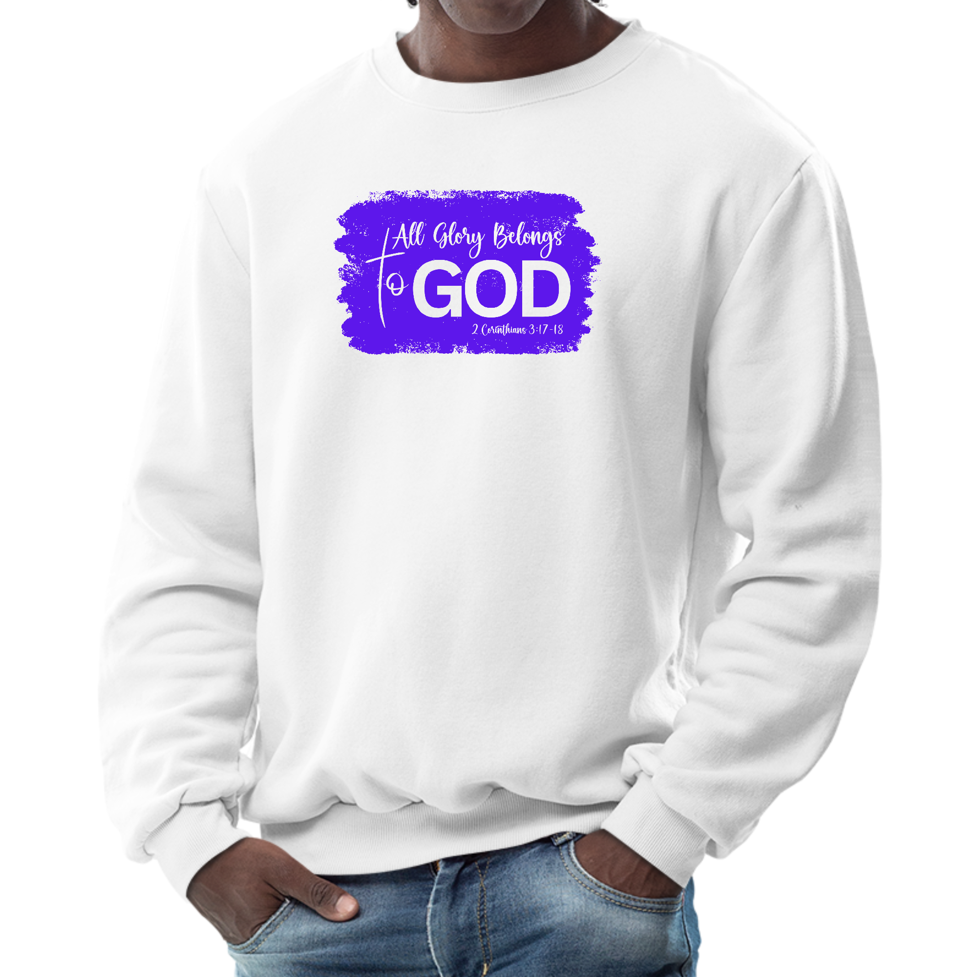 Mens Graphic Sweatshirt featuring 'All Glory Belongs to God' illustration in purple, showcasing cozy fleece and classic crewneck design.