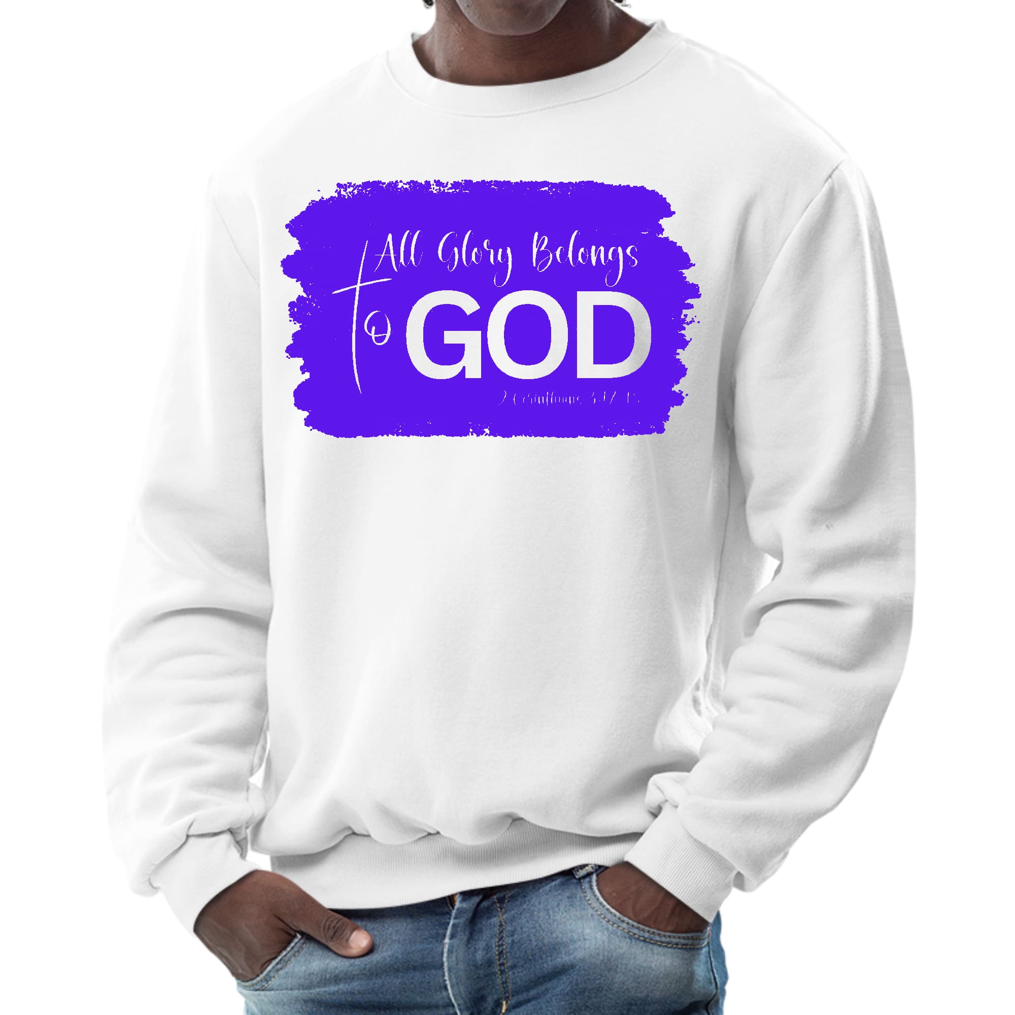 Mens Graphic Sweatshirt featuring 'All Glory Belongs to God' illustration in purple, showcasing cozy fleece and classic crewneck design.