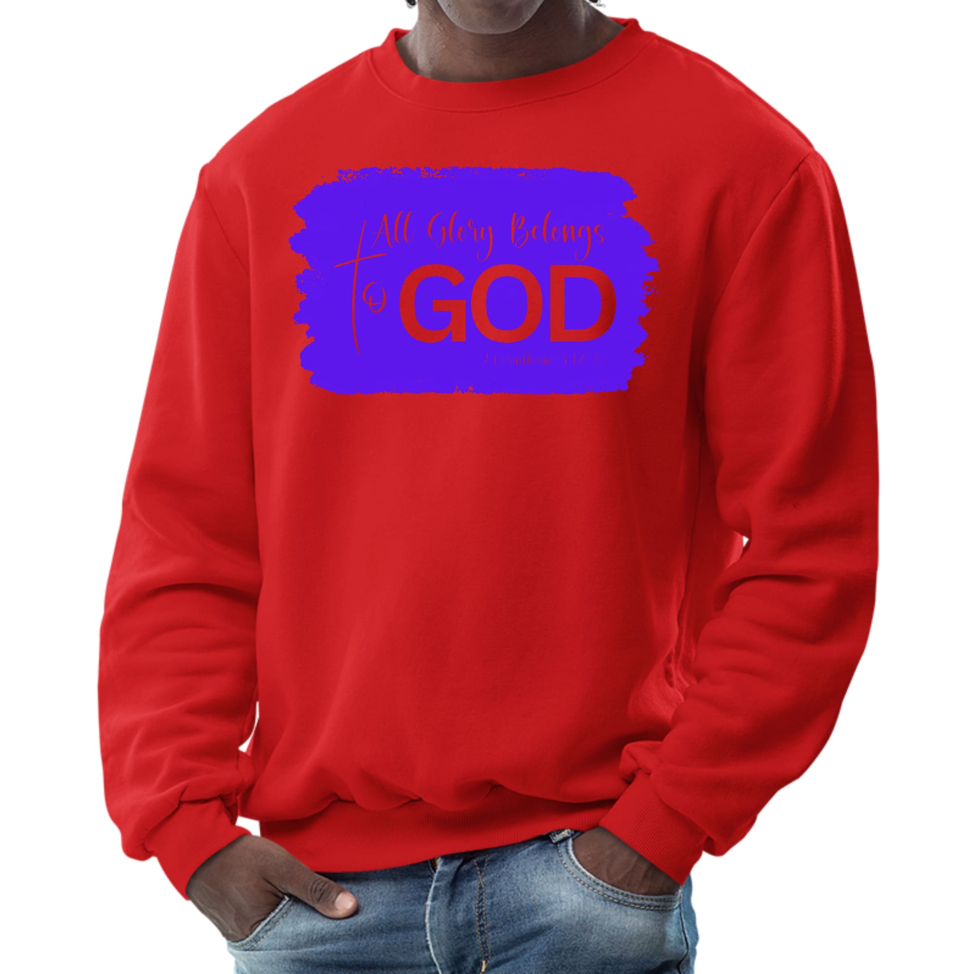 Mens Graphic Sweatshirt featuring 'All Glory Belongs to God' illustration in purple, showcasing cozy fleece and classic crewneck design.