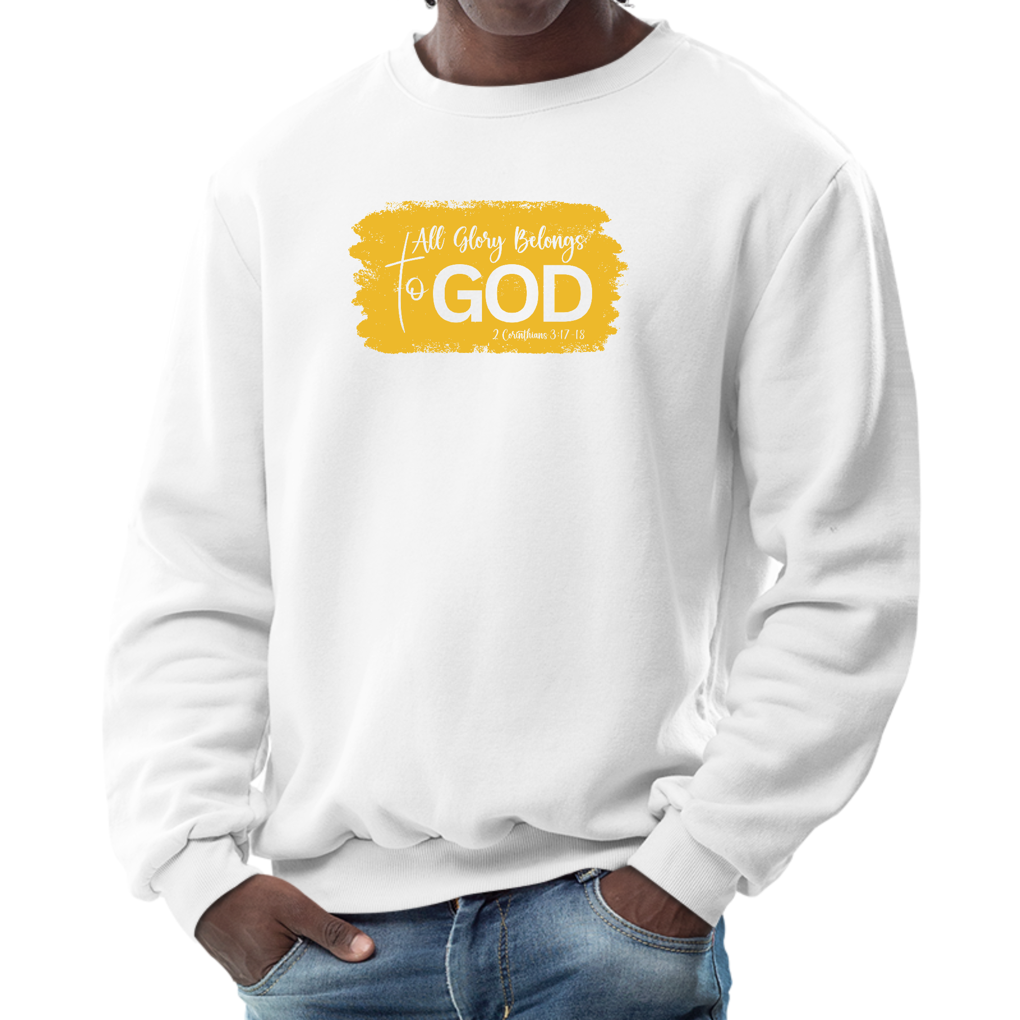 Men's Graphic Sweatshirt in Golden Yellow with 'All Glory Belongs to God' illustration, showcasing a cozy crewneck design.