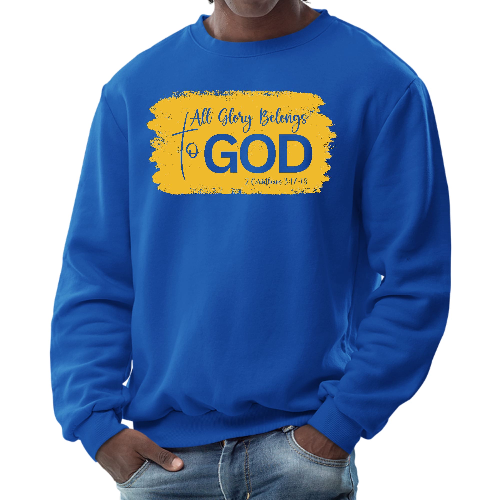 Men's Graphic Sweatshirt in Golden Yellow with 'All Glory Belongs to God' illustration, showcasing a cozy crewneck design.