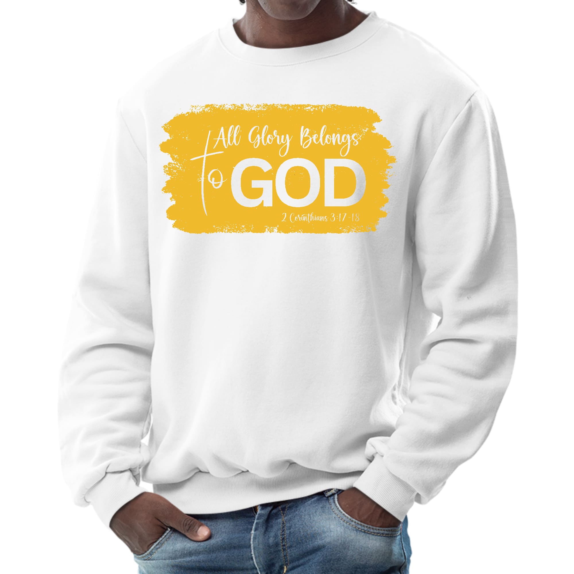 Men's Graphic Sweatshirt in Golden Yellow with 'All Glory Belongs to God' illustration, showcasing a cozy crewneck design.