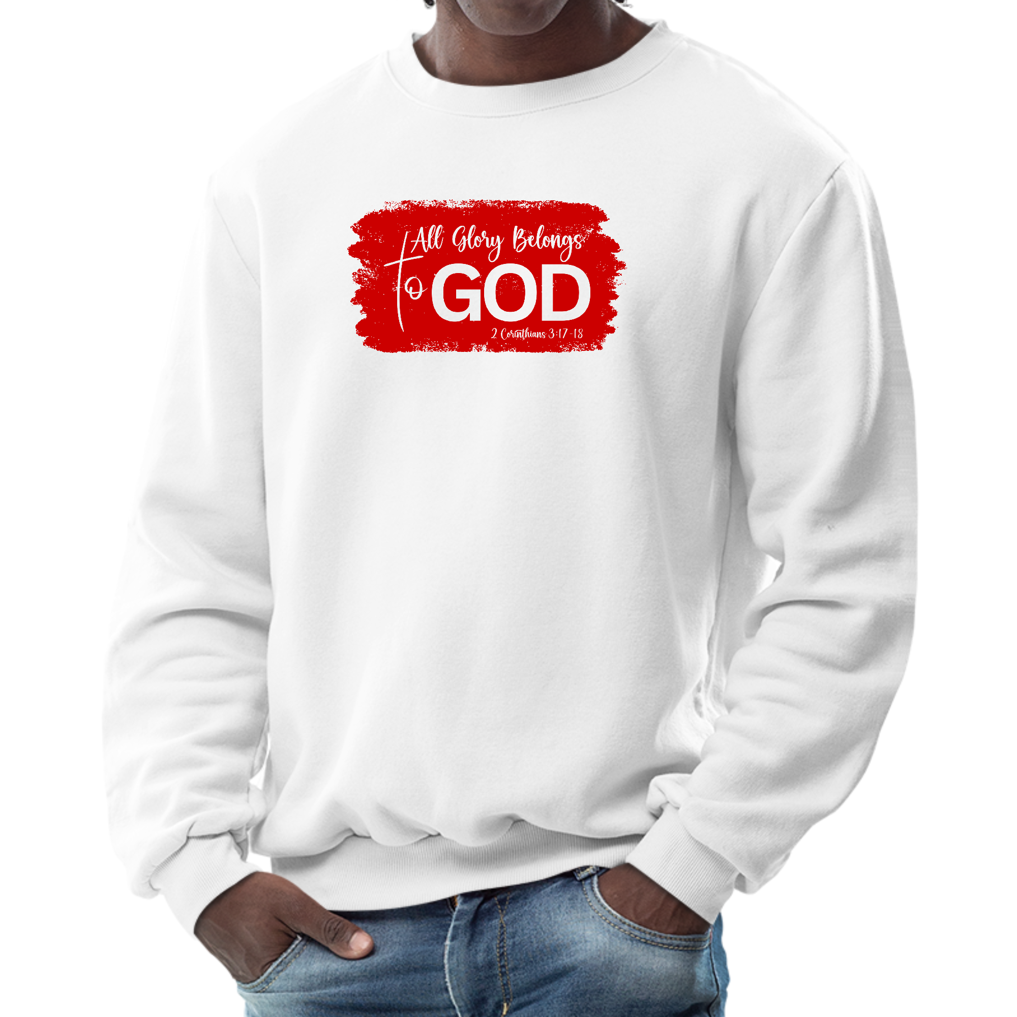 Men's red graphic sweatshirt with 'All Glory Belongs to God' illustration, featuring a cozy fleece design and classic crewneck style.