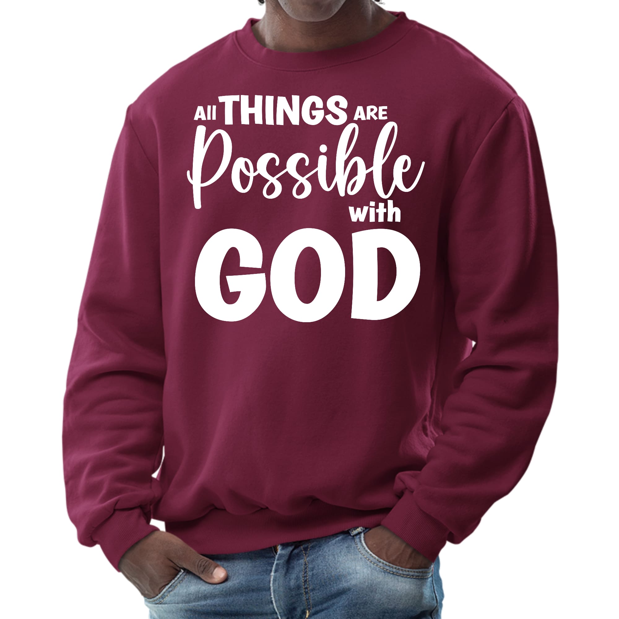 Men's long sleeve graphic sweatshirt featuring the phrase 'All Things are Possible with God', showcasing a comfortable and durable design.