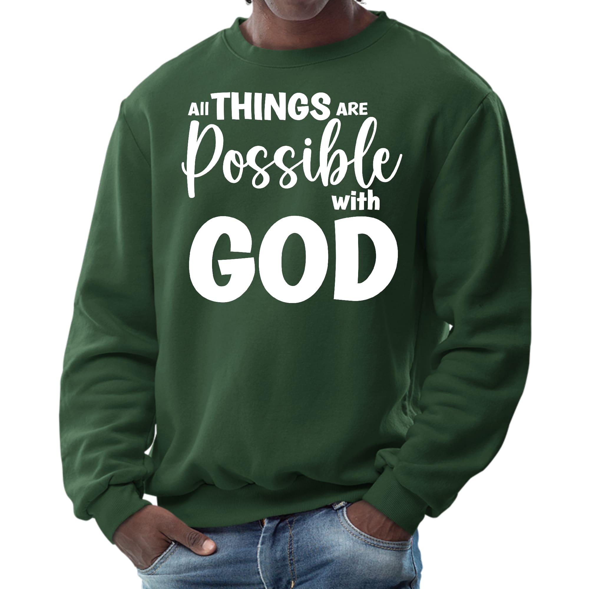 Men's long sleeve graphic sweatshirt featuring the phrase 'All Things are Possible with God', showcasing a comfortable and durable design.