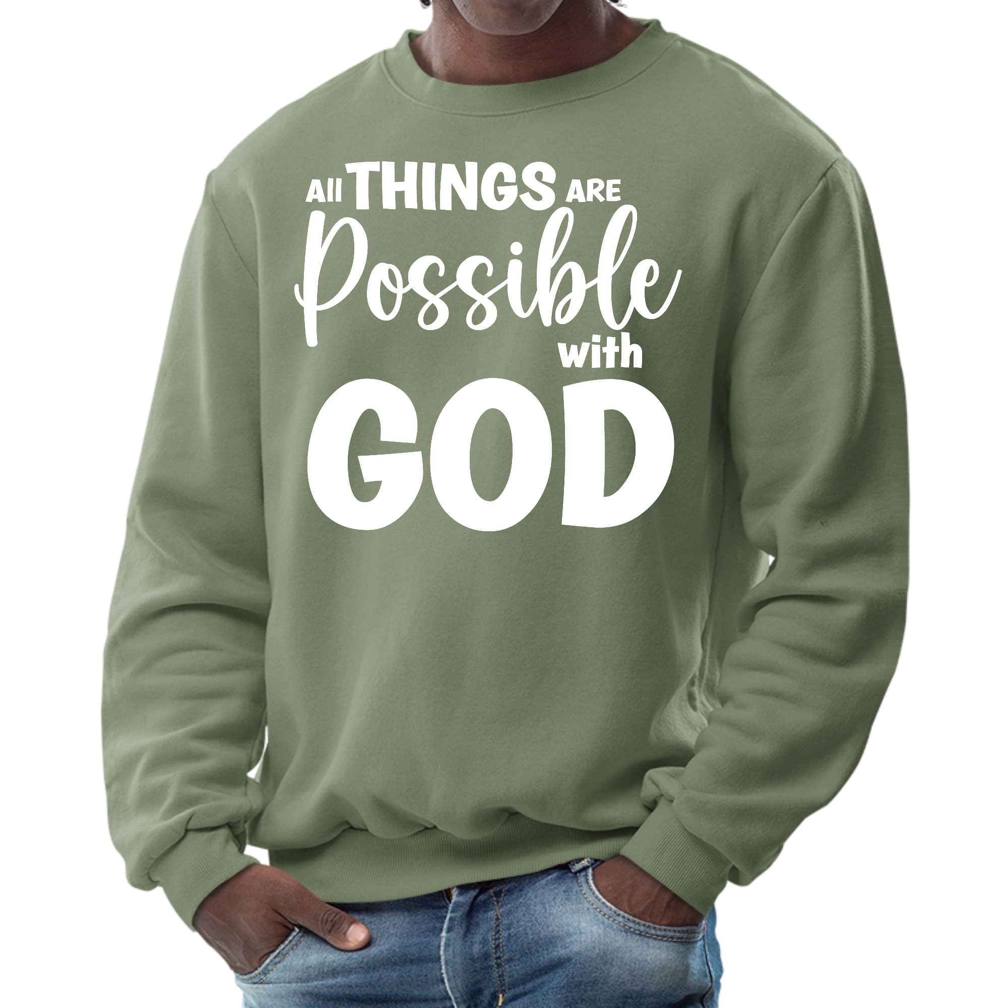 Men's long sleeve graphic sweatshirt featuring the phrase 'All Things are Possible with God', showcasing a comfortable and durable design.