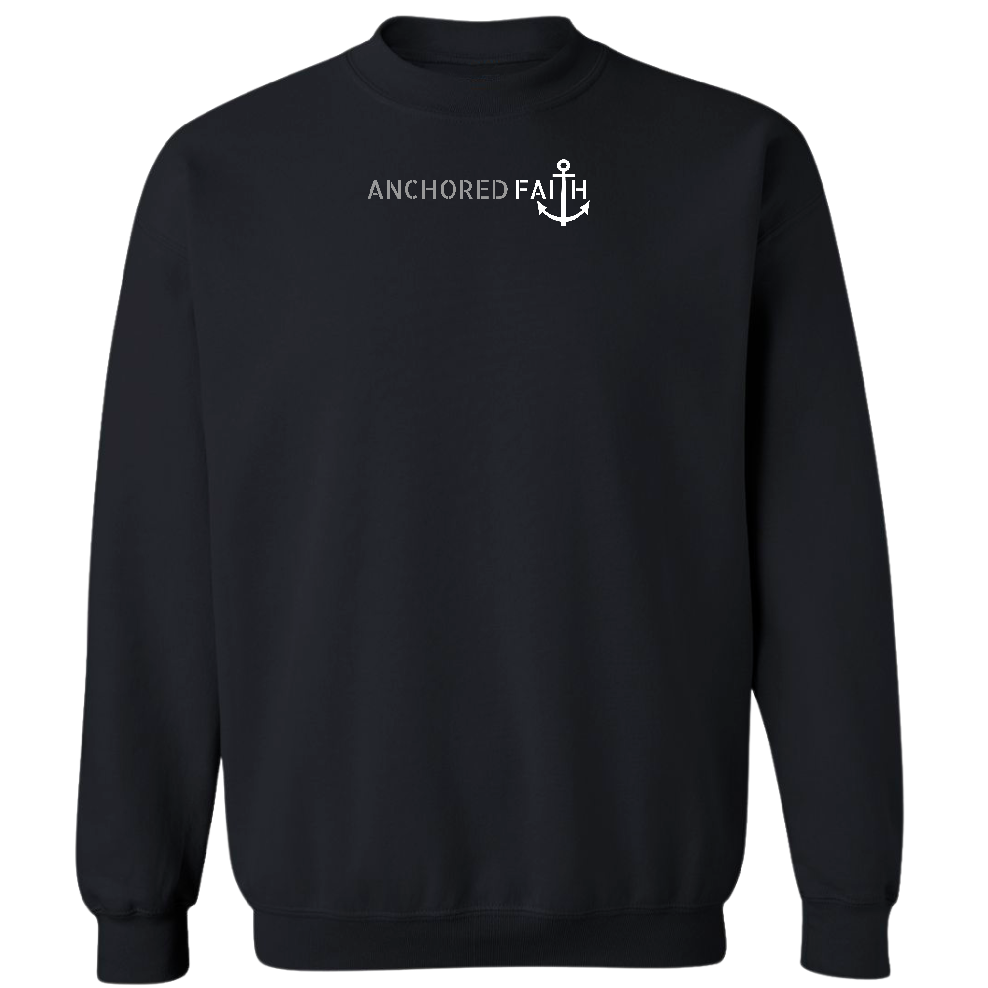 Men's graphic sweatshirt in grey and white featuring Anchored Faith print, showcasing a comfortable crewneck design and long sleeves.