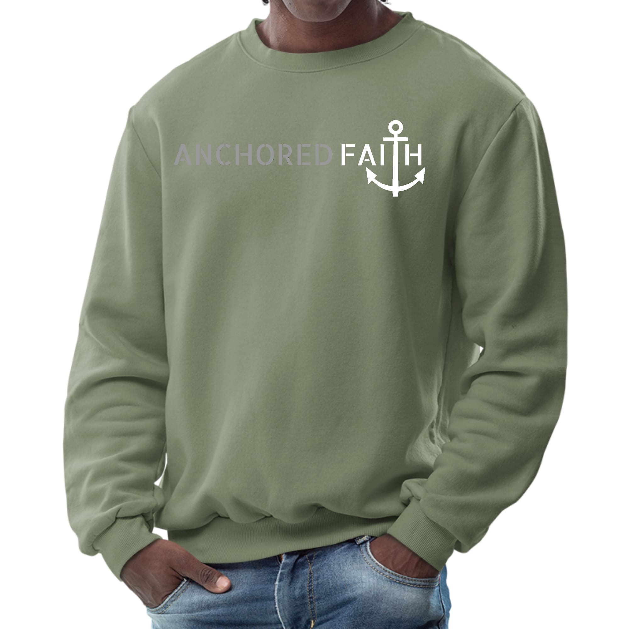 Men's graphic sweatshirt in grey and white featuring Anchored Faith print, showcasing a comfortable crewneck design and long sleeves.