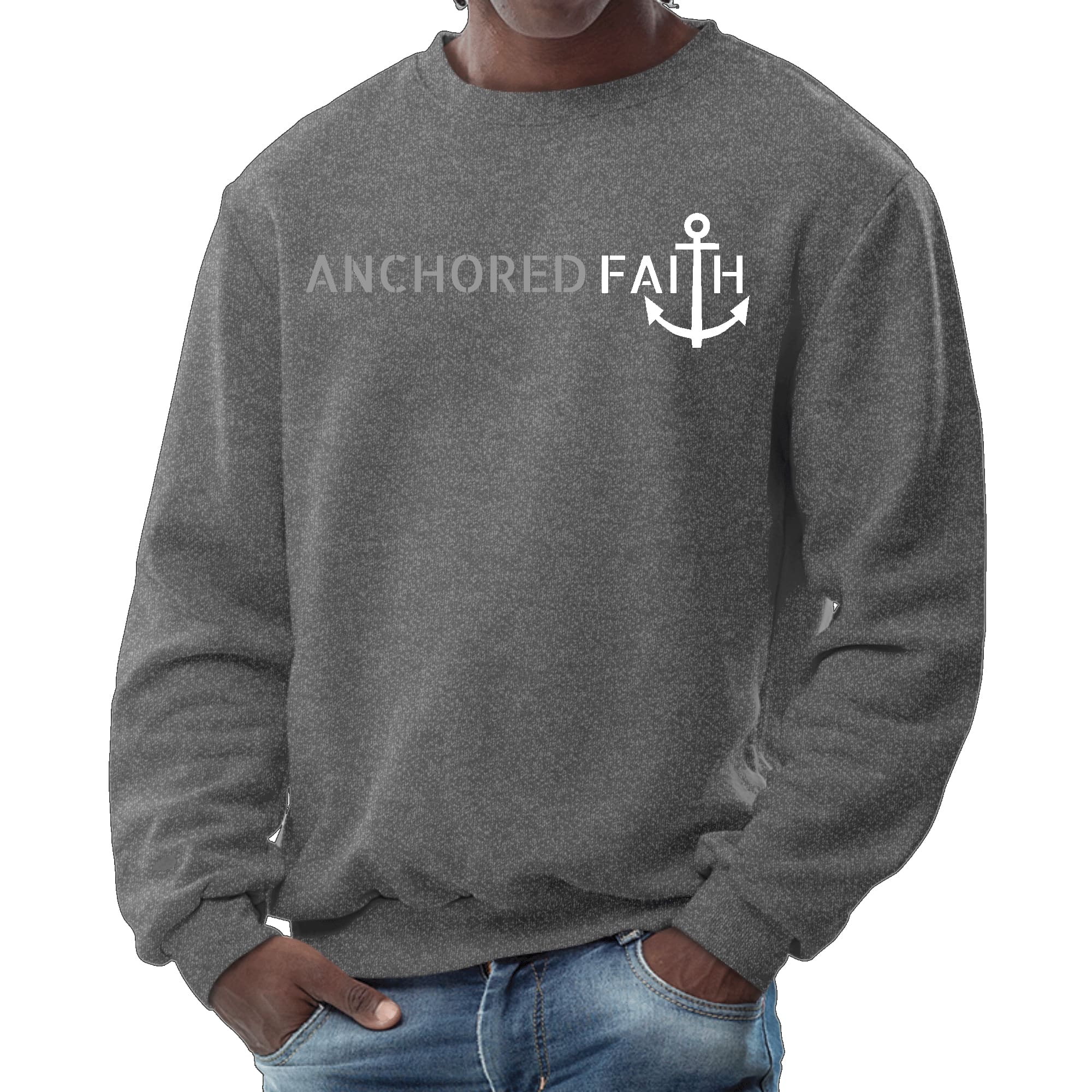 Men's graphic sweatshirt in grey and white featuring Anchored Faith print, showcasing a comfortable crewneck design and long sleeves.