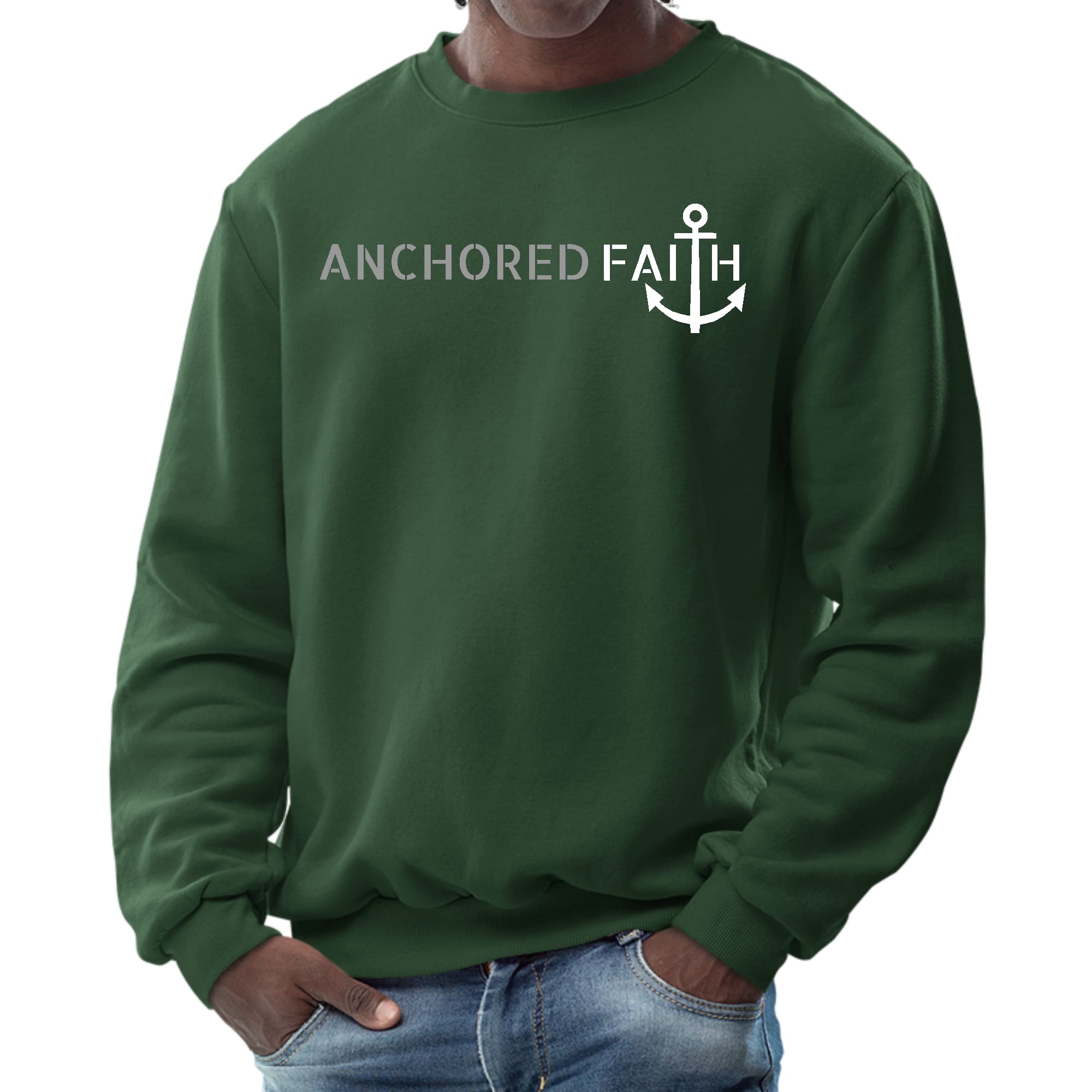 Men's graphic sweatshirt in grey and white featuring Anchored Faith print, showcasing a comfortable crewneck design and long sleeves.