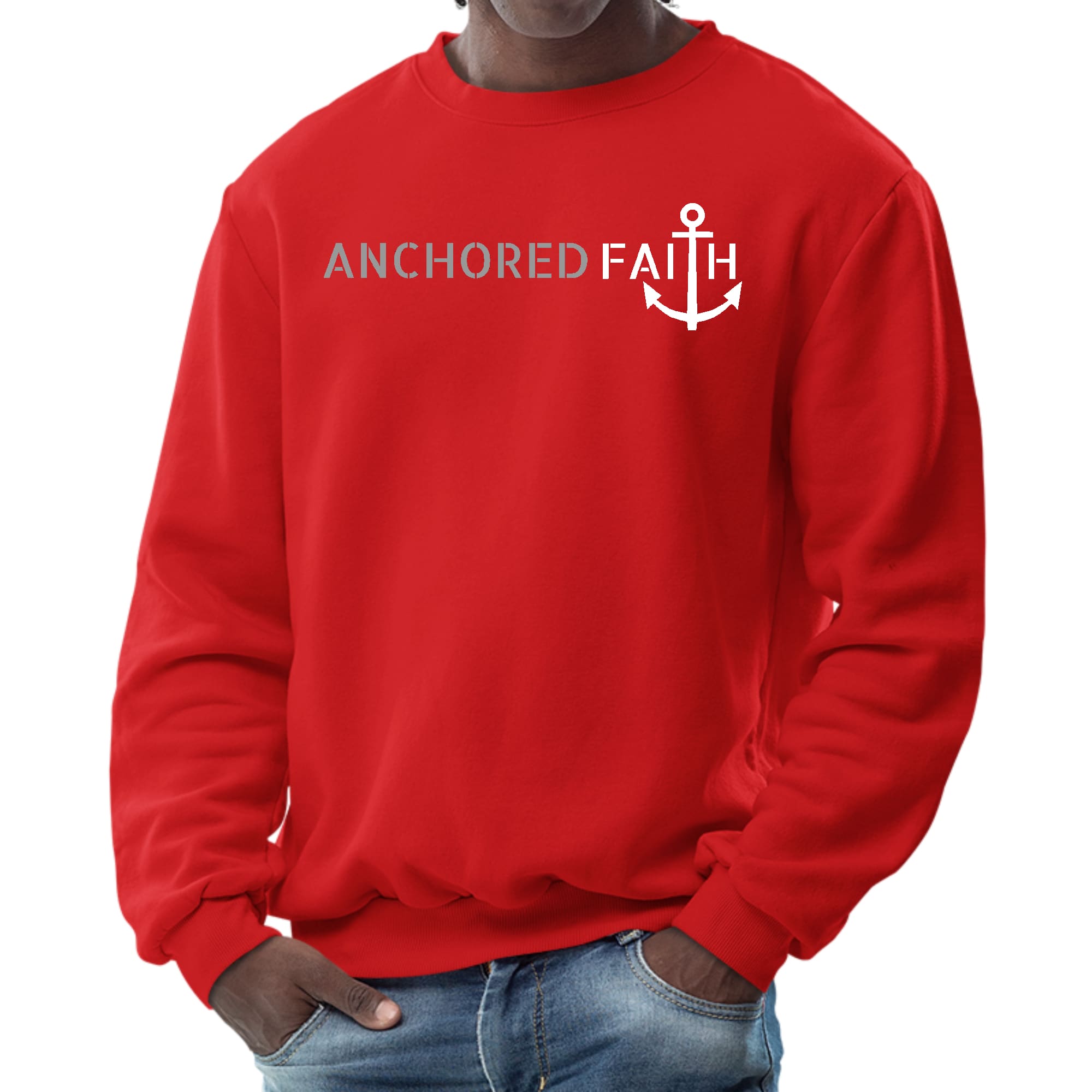 Men's graphic sweatshirt in grey and white featuring Anchored Faith print, showcasing a comfortable crewneck design and long sleeves.