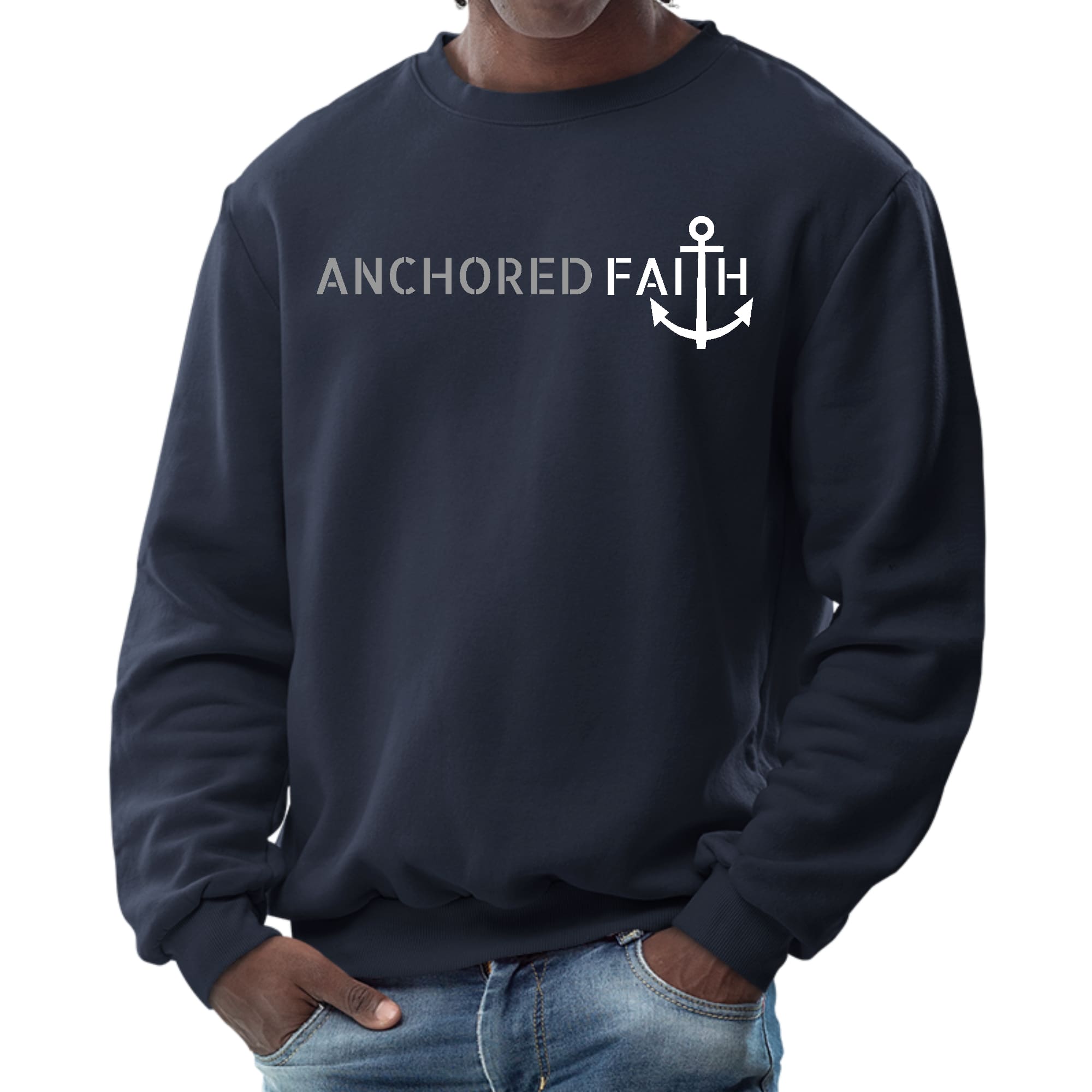 Men's graphic sweatshirt in grey and white featuring Anchored Faith print, showcasing a comfortable crewneck design and long sleeves.