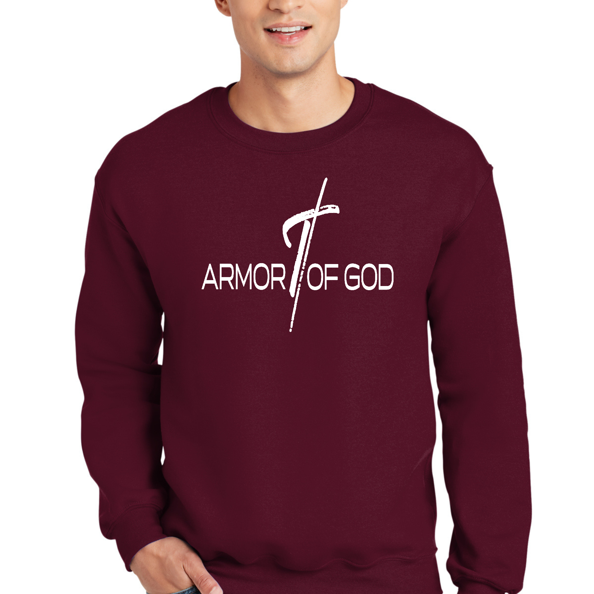 Men's Graphic Sweatshirt featuring Armor of God design, showcasing a comfortable crewneck style with long sleeves.