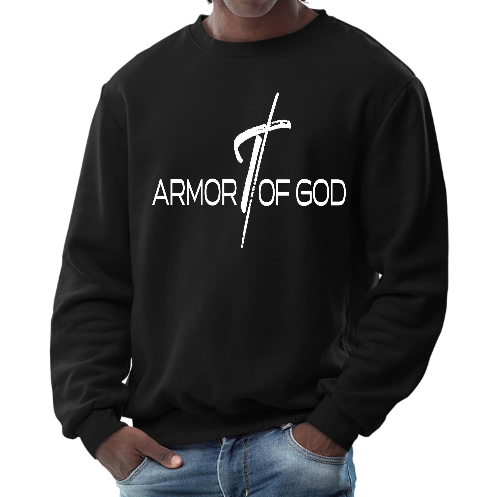 Men's Graphic Sweatshirt featuring Armor of God design, showcasing a comfortable crewneck style with long sleeves.