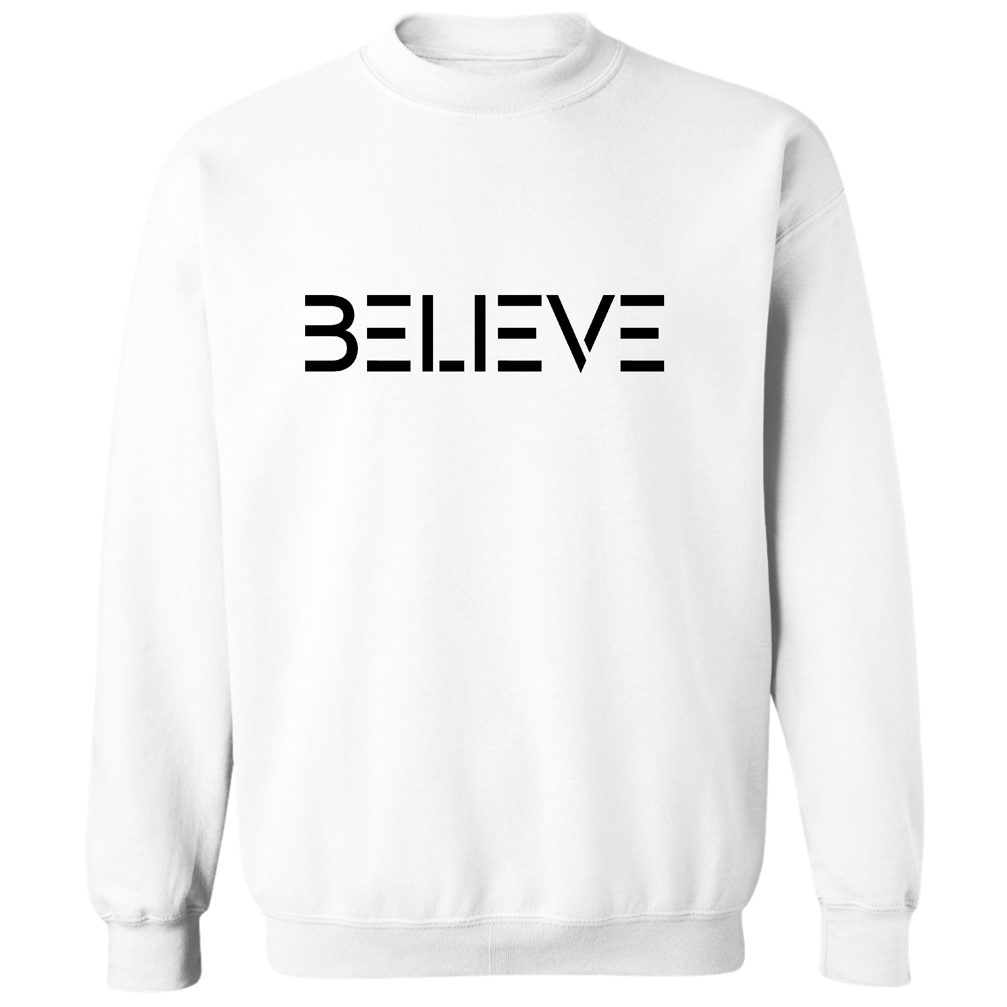 Men's Graphic Sweatshirt featuring a black 'Believe' print, showcasing a comfortable crewneck design and long sleeves.