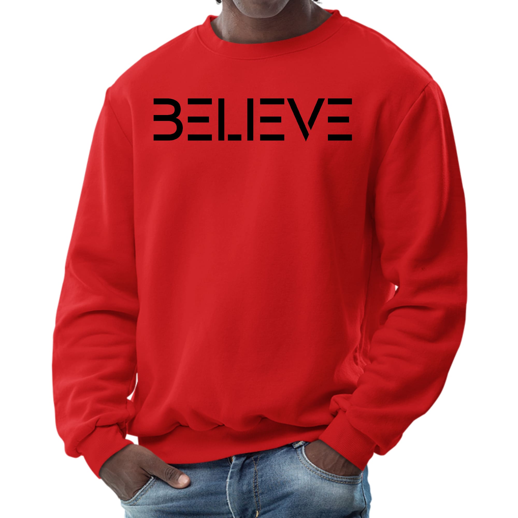 Men's Graphic Sweatshirt featuring a black 'Believe' print, showcasing a comfortable crewneck design and long sleeves.