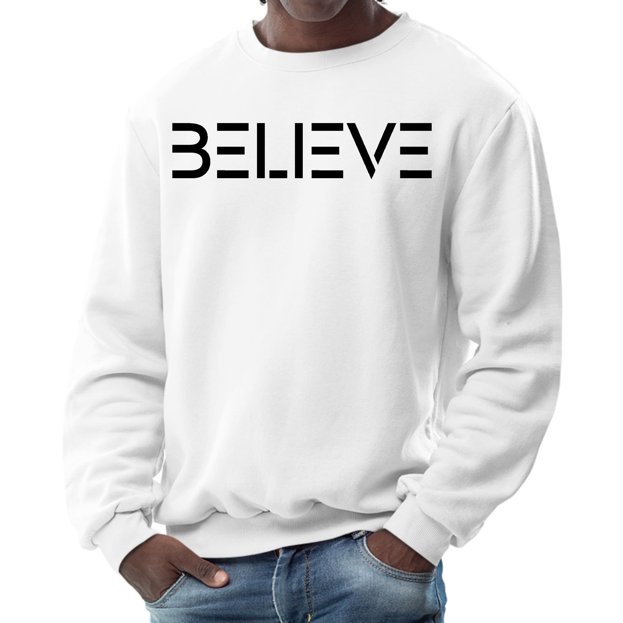 Men's Graphic Sweatshirt featuring a black 'Believe' print, showcasing a comfortable crewneck design and long sleeves.