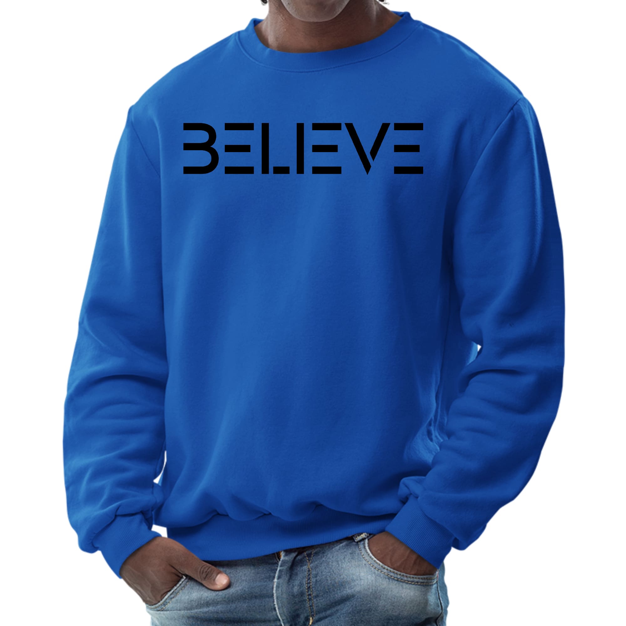 Men's Graphic Sweatshirt featuring a black 'Believe' print, showcasing a comfortable crewneck design and long sleeves.