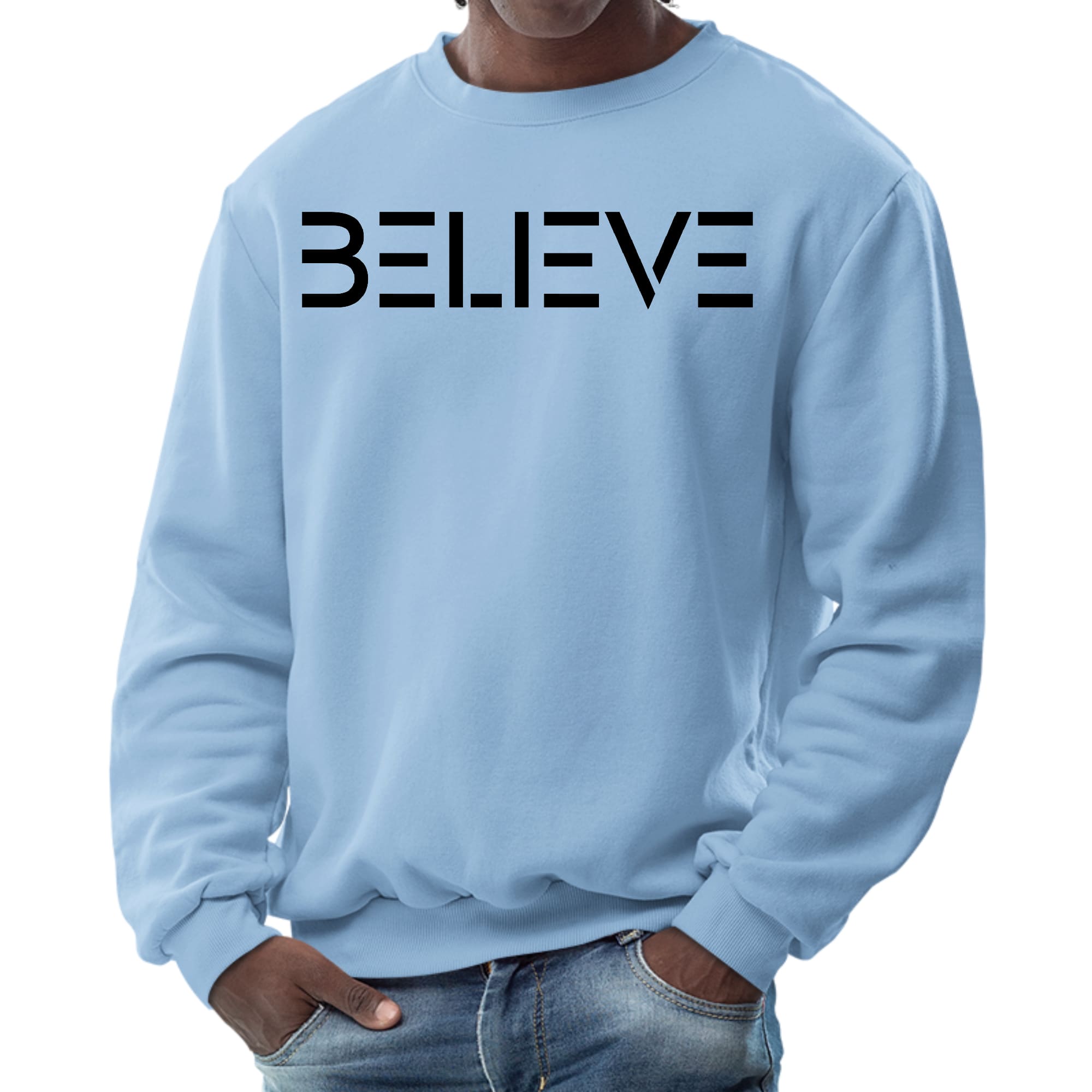 Men's Graphic Sweatshirt featuring a black 'Believe' print, showcasing a comfortable crewneck design and long sleeves.