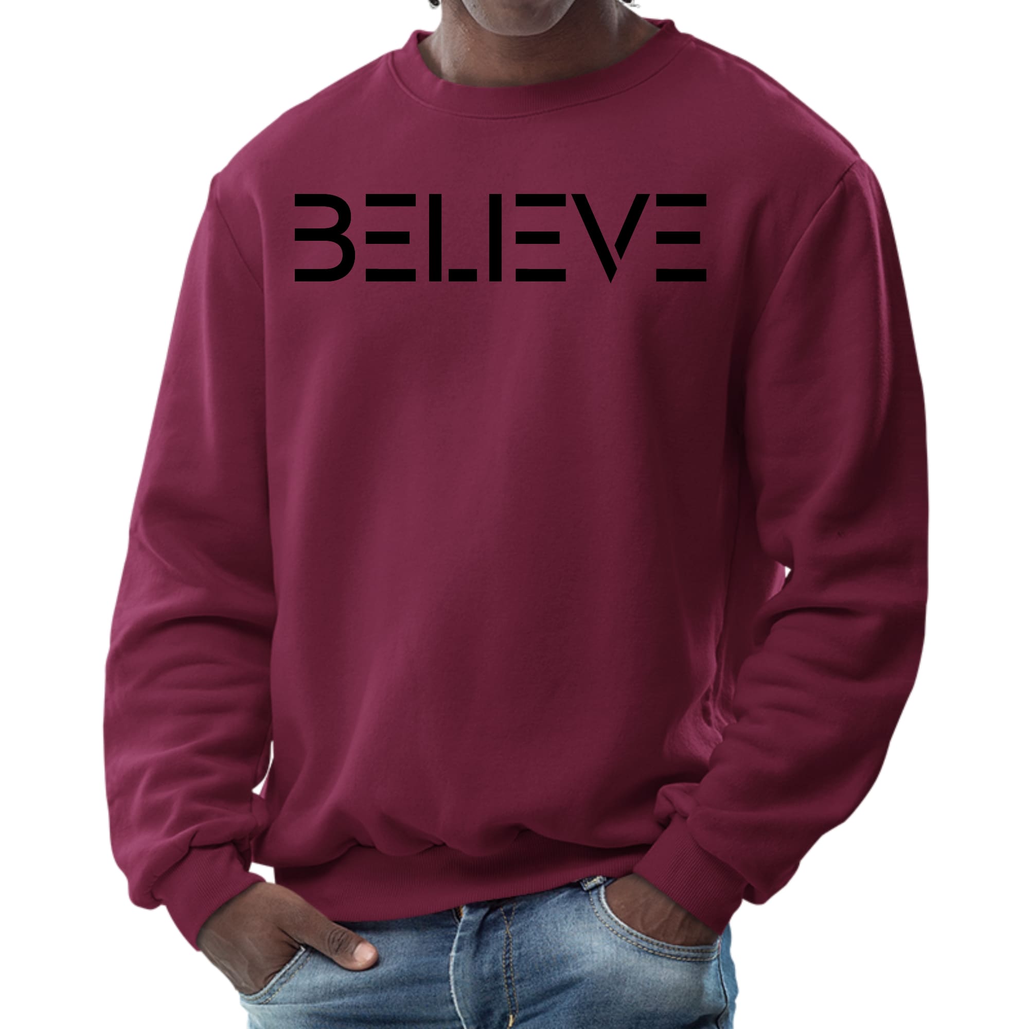 Men's Graphic Sweatshirt featuring a black 'Believe' print, showcasing a comfortable crewneck design and long sleeves.