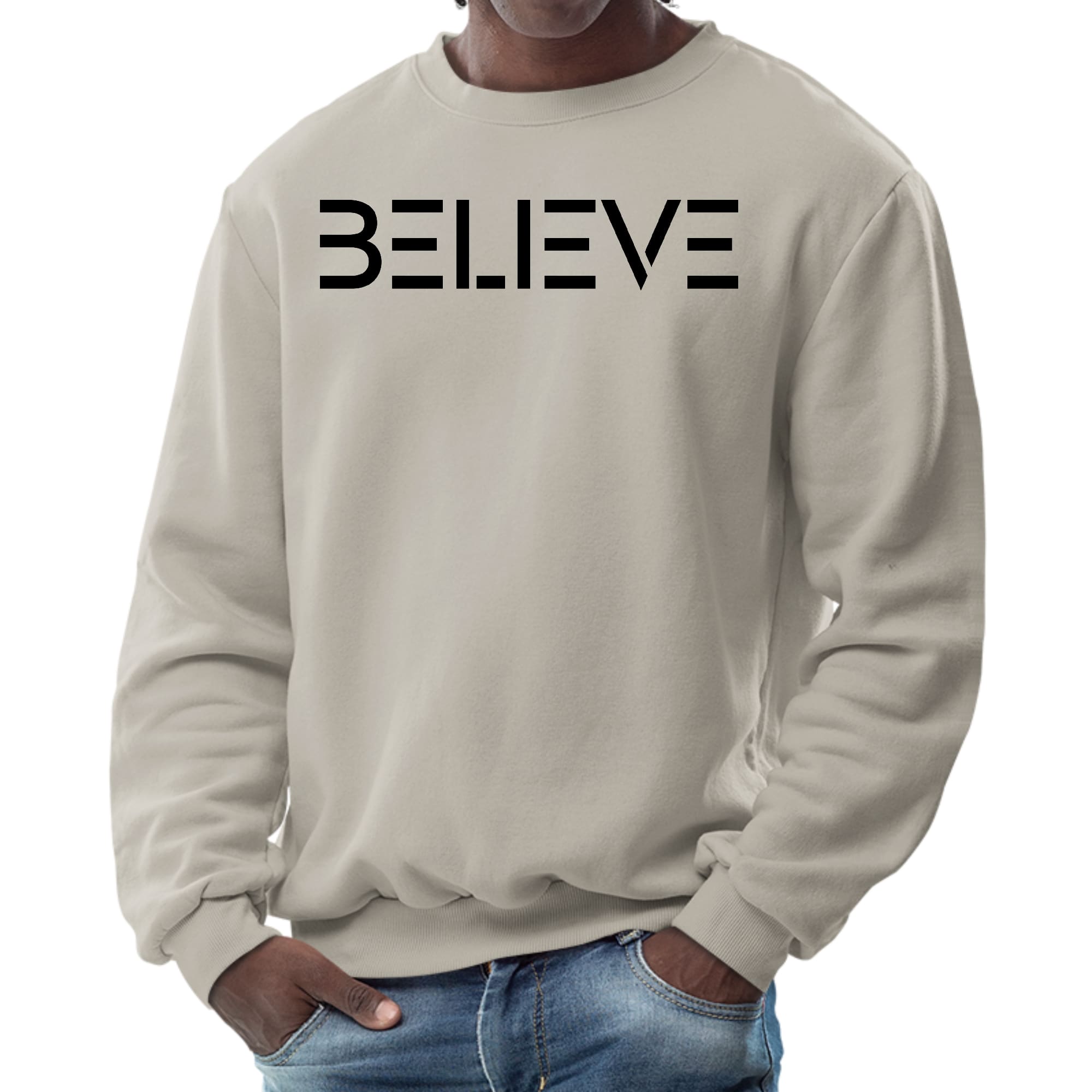 Men's Graphic Sweatshirt featuring a black 'Believe' print, showcasing a comfortable crewneck design and long sleeves.