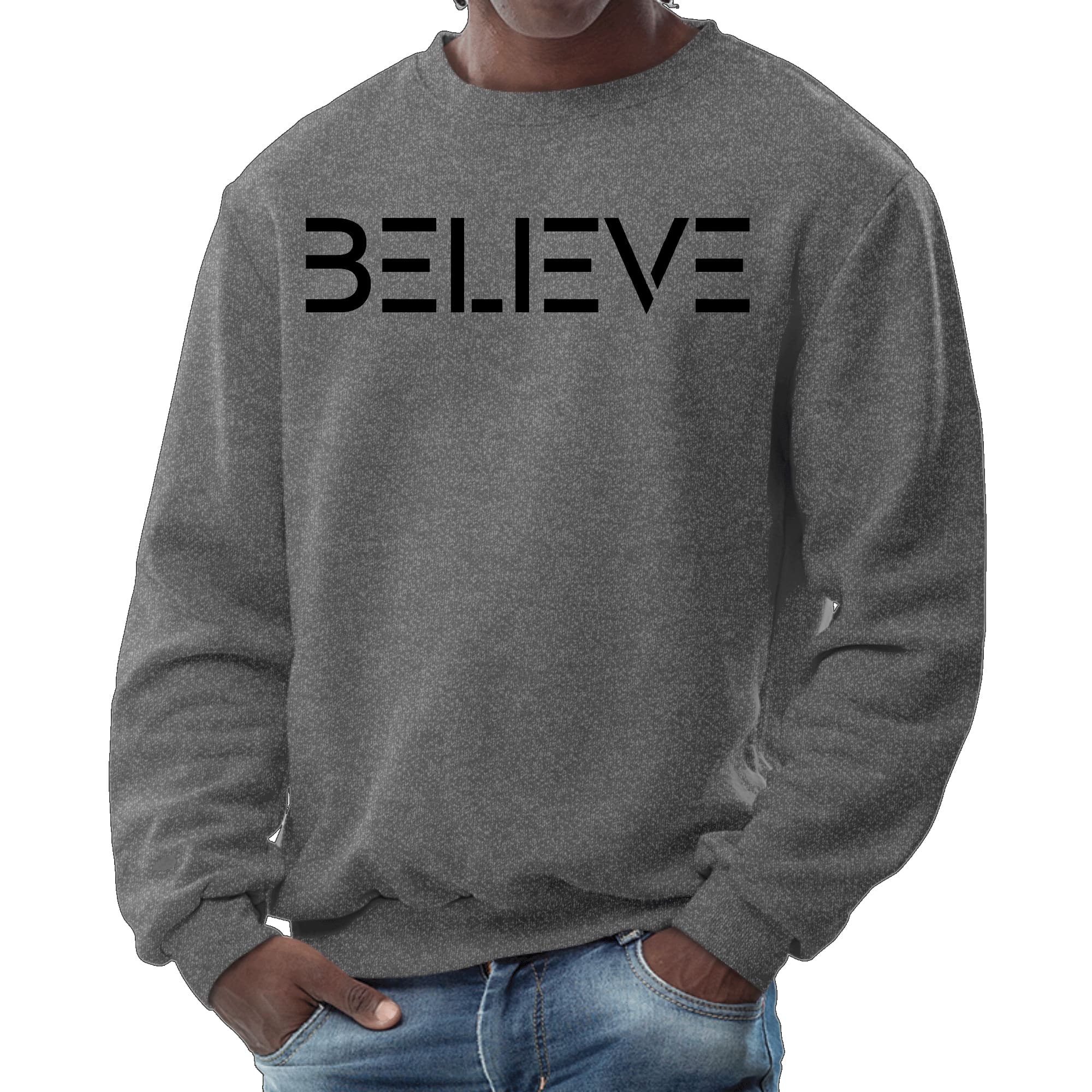 Men's Graphic Sweatshirt featuring a black 'Believe' print, showcasing a comfortable crewneck design and long sleeves.