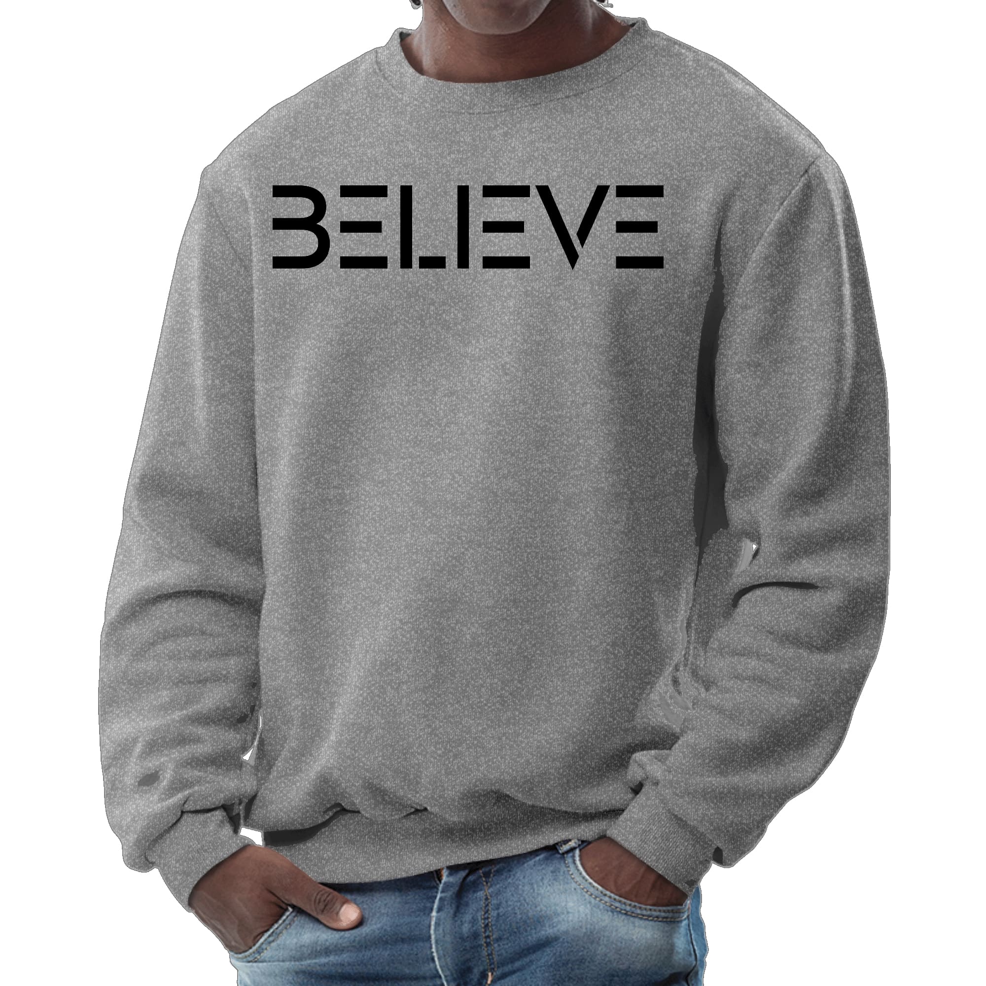 Men's Graphic Sweatshirt featuring a black 'Believe' print, showcasing a comfortable crewneck design and long sleeves.