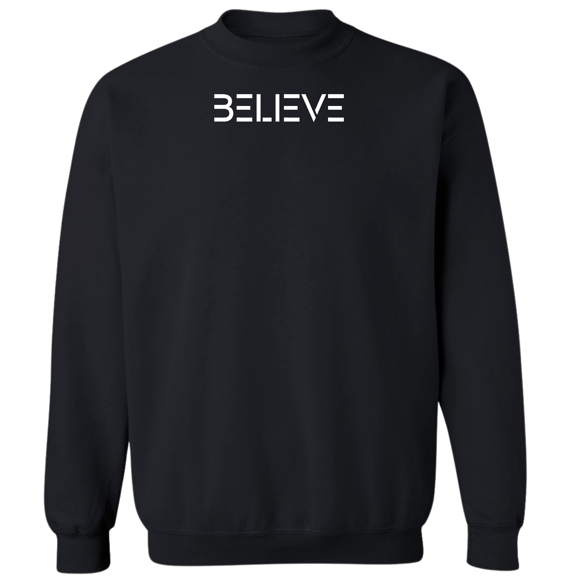 Men's Graphic Sweatshirt in white featuring 'Believe' print, showcasing a comfortable crewneck design and ribbed details.