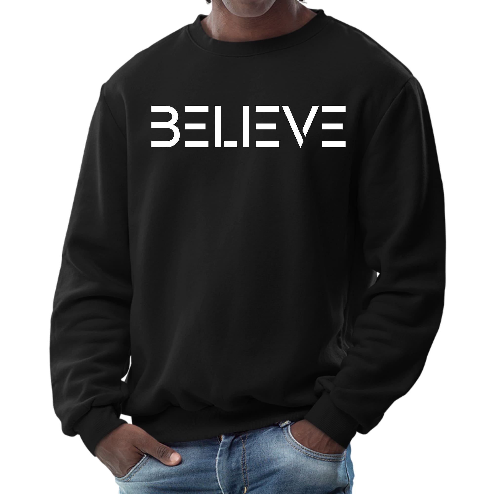 Men's Graphic Sweatshirt in white featuring 'Believe' print, showcasing a comfortable crewneck design and ribbed details.