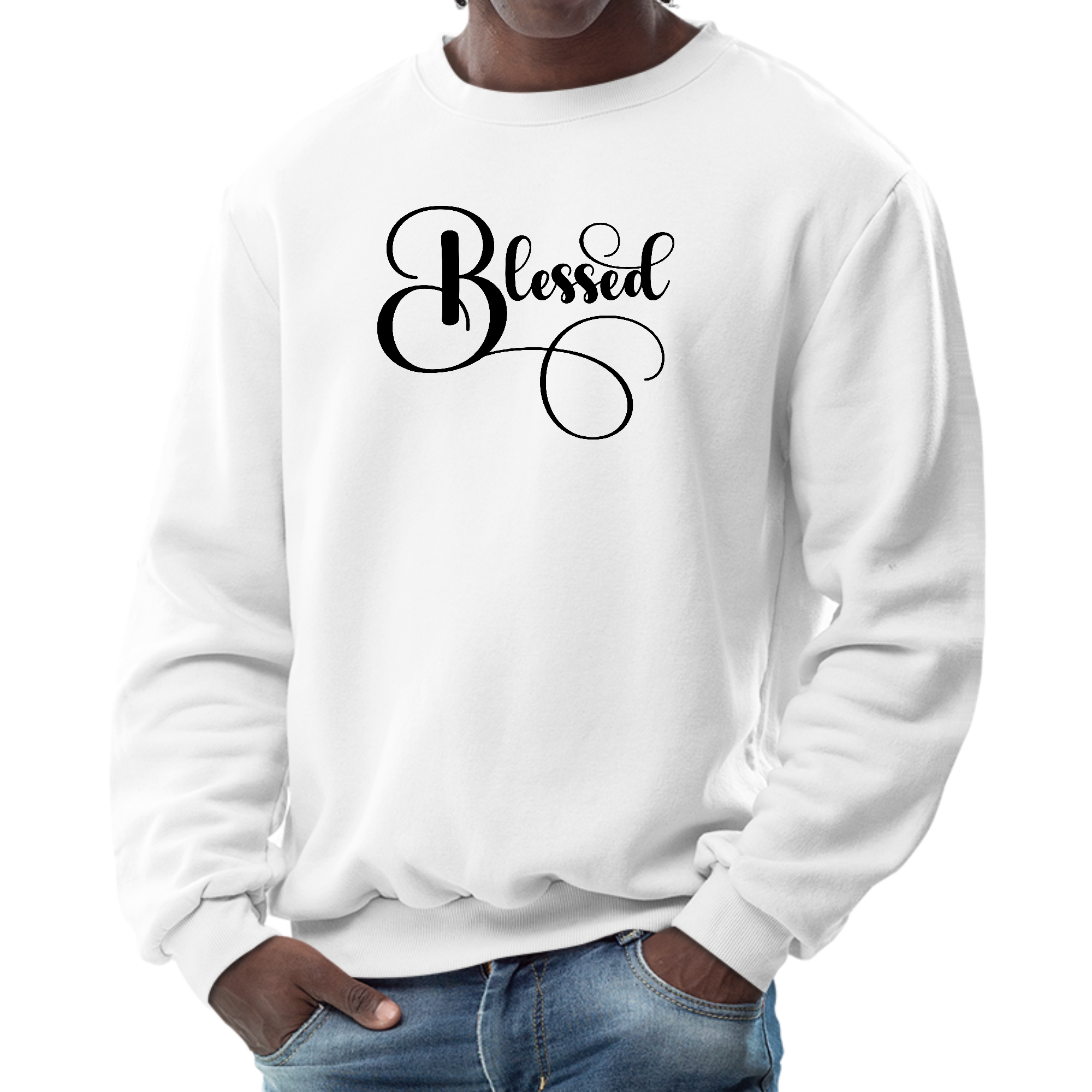 Men's long sleeve crewneck sweatshirt featuring a Blessed Black graphic illustration, showcasing durability and comfort.