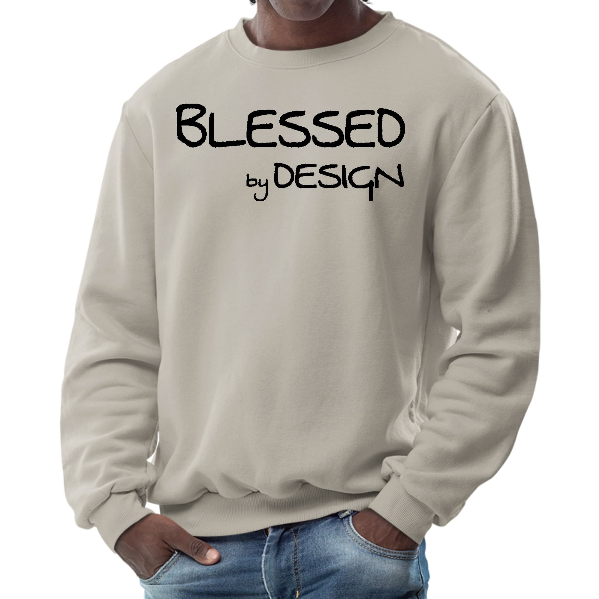 Men's Graphic Sweatshirt in black featuring the phrase 'Blessed by Design' in an inspirational font, designed for comfort and style.