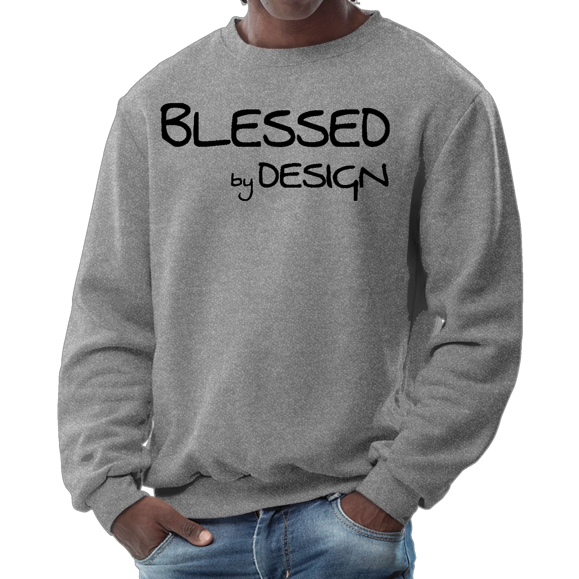 Men's Graphic Sweatshirt in black featuring the phrase 'Blessed by Design' in an inspirational font, designed for comfort and style.