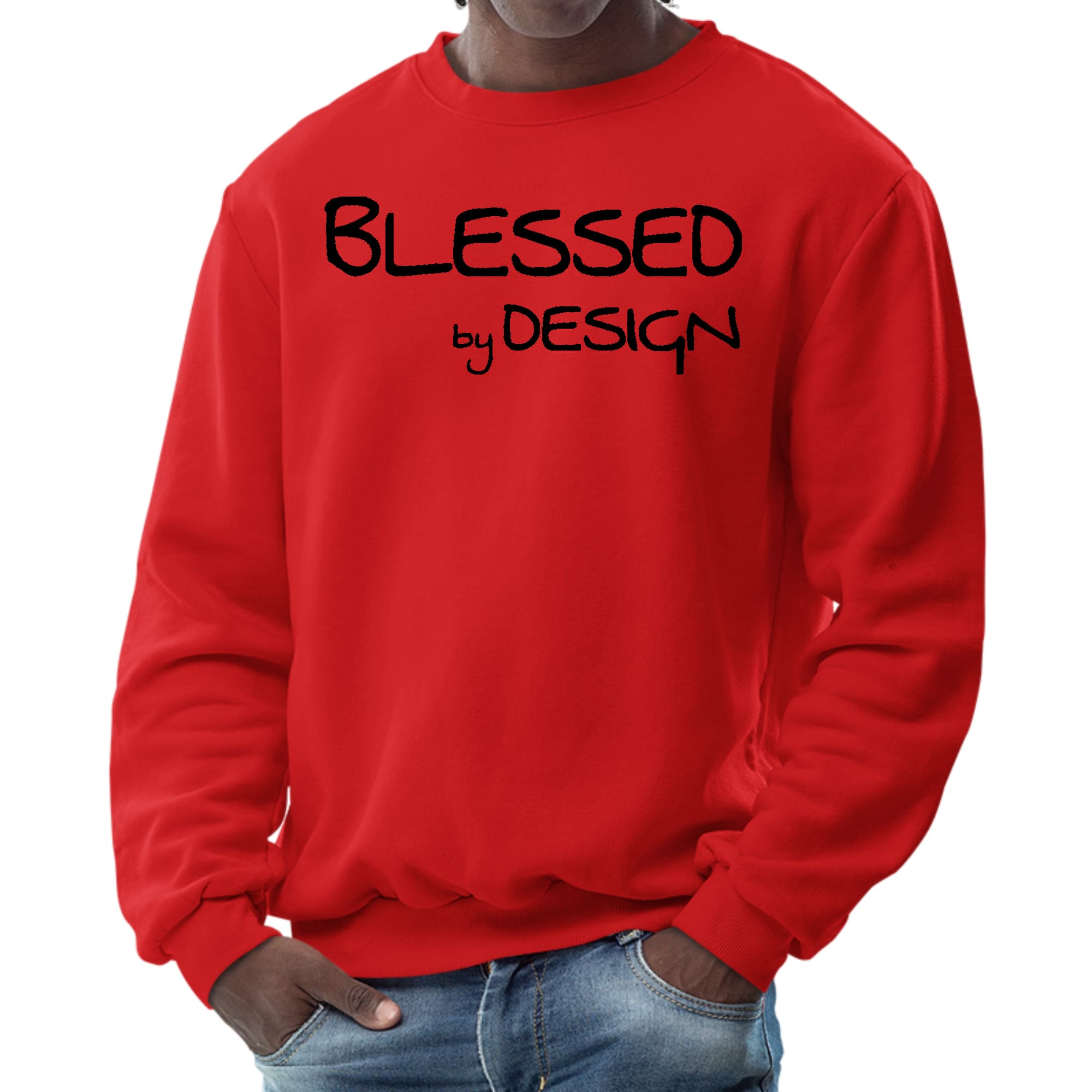 Men's Graphic Sweatshirt in black featuring the phrase 'Blessed by Design' in an inspirational font, designed for comfort and style.