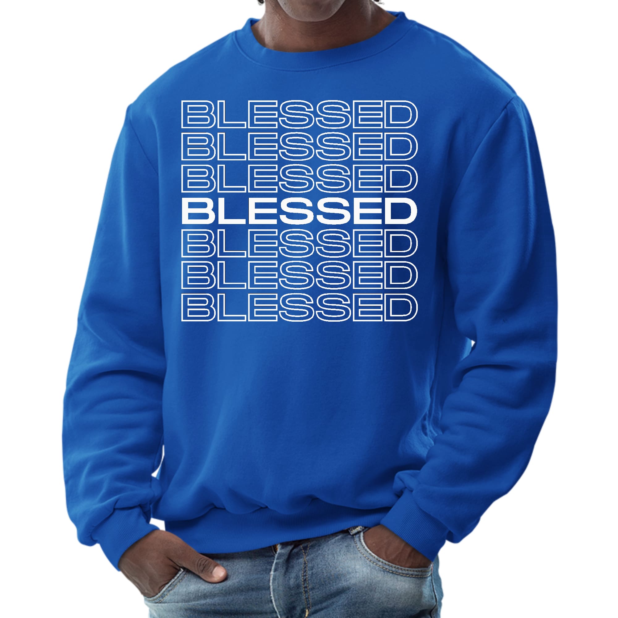 Men's graphic sweatshirt featuring a Blessed Stacked Print, showcasing a comfortable crewneck design with ribbed details.