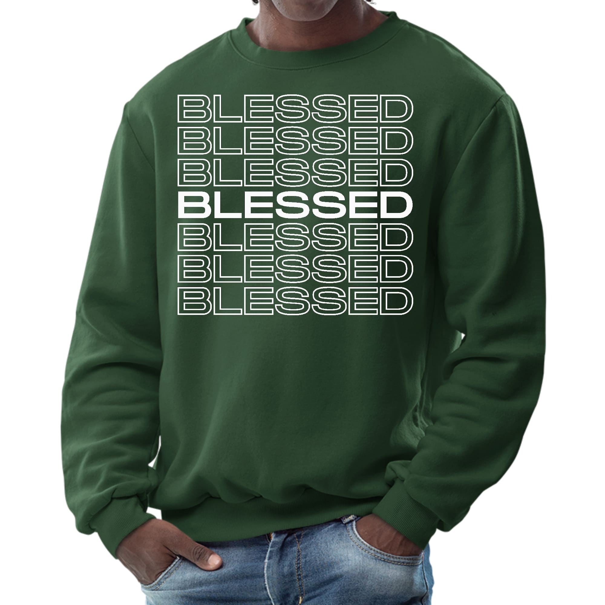 Men's graphic sweatshirt featuring a Blessed Stacked Print, showcasing a comfortable crewneck design with ribbed details.