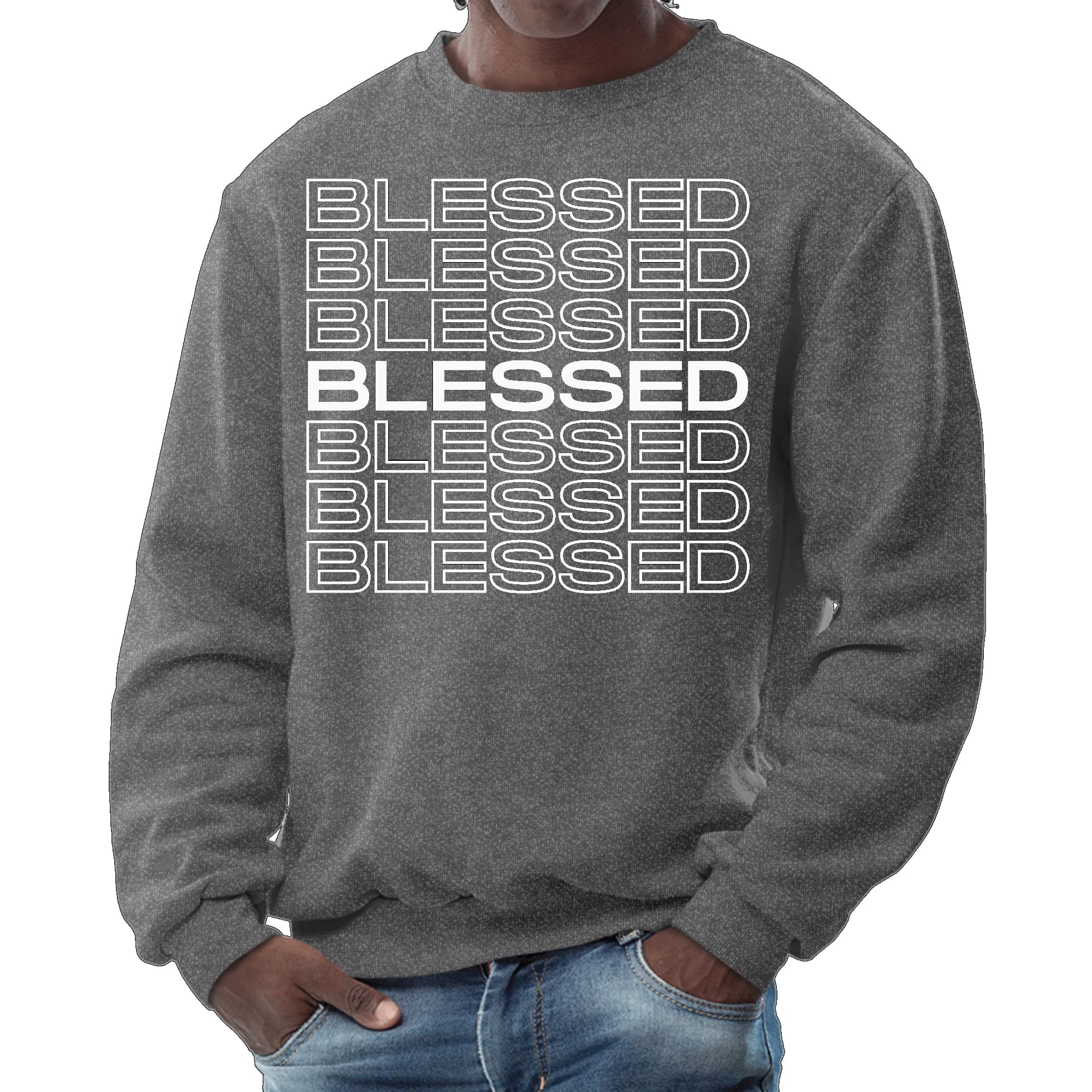 Men's graphic sweatshirt featuring a Blessed Stacked Print, showcasing a comfortable crewneck design with ribbed details.