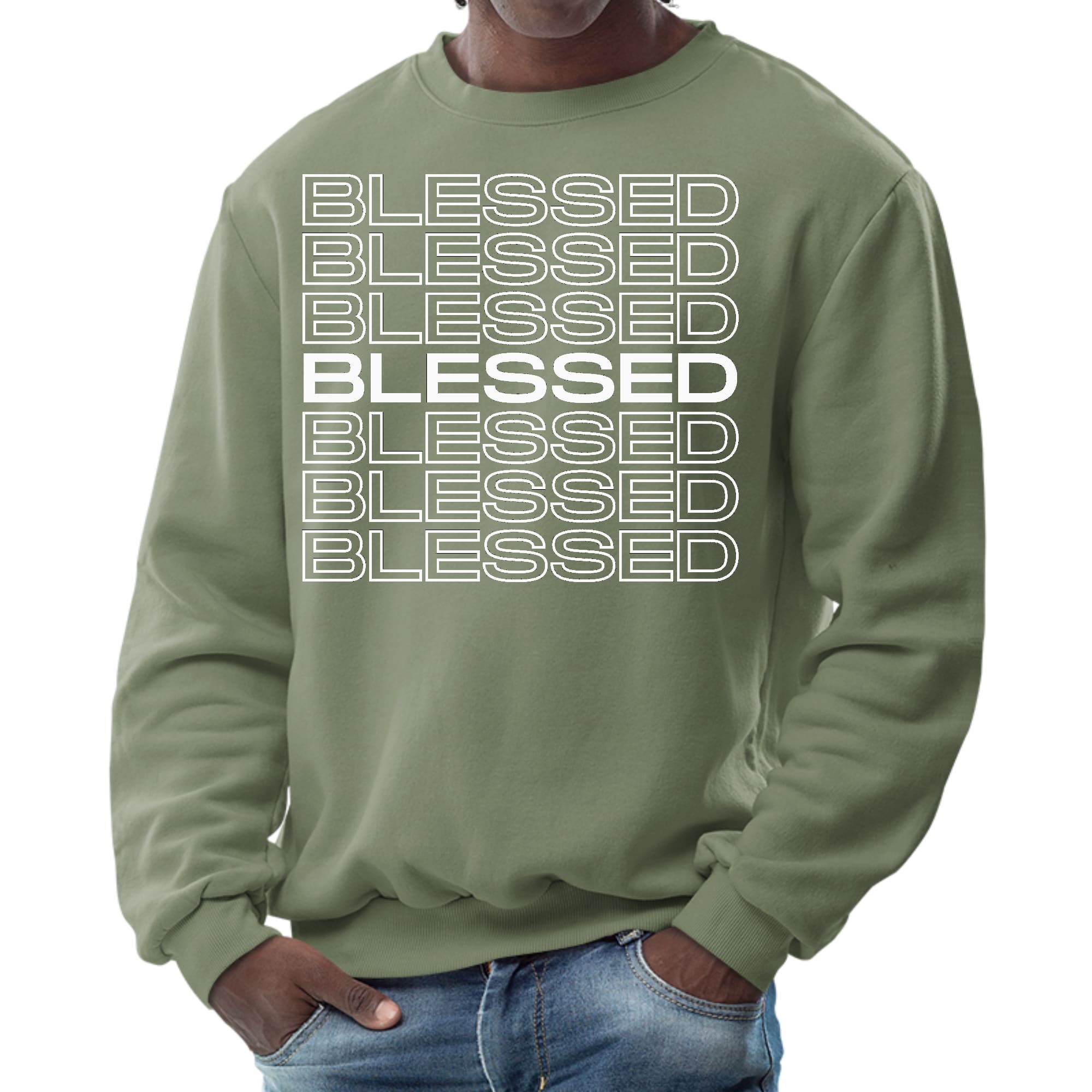 Men's graphic sweatshirt featuring a Blessed Stacked Print, showcasing a comfortable crewneck design with ribbed details.