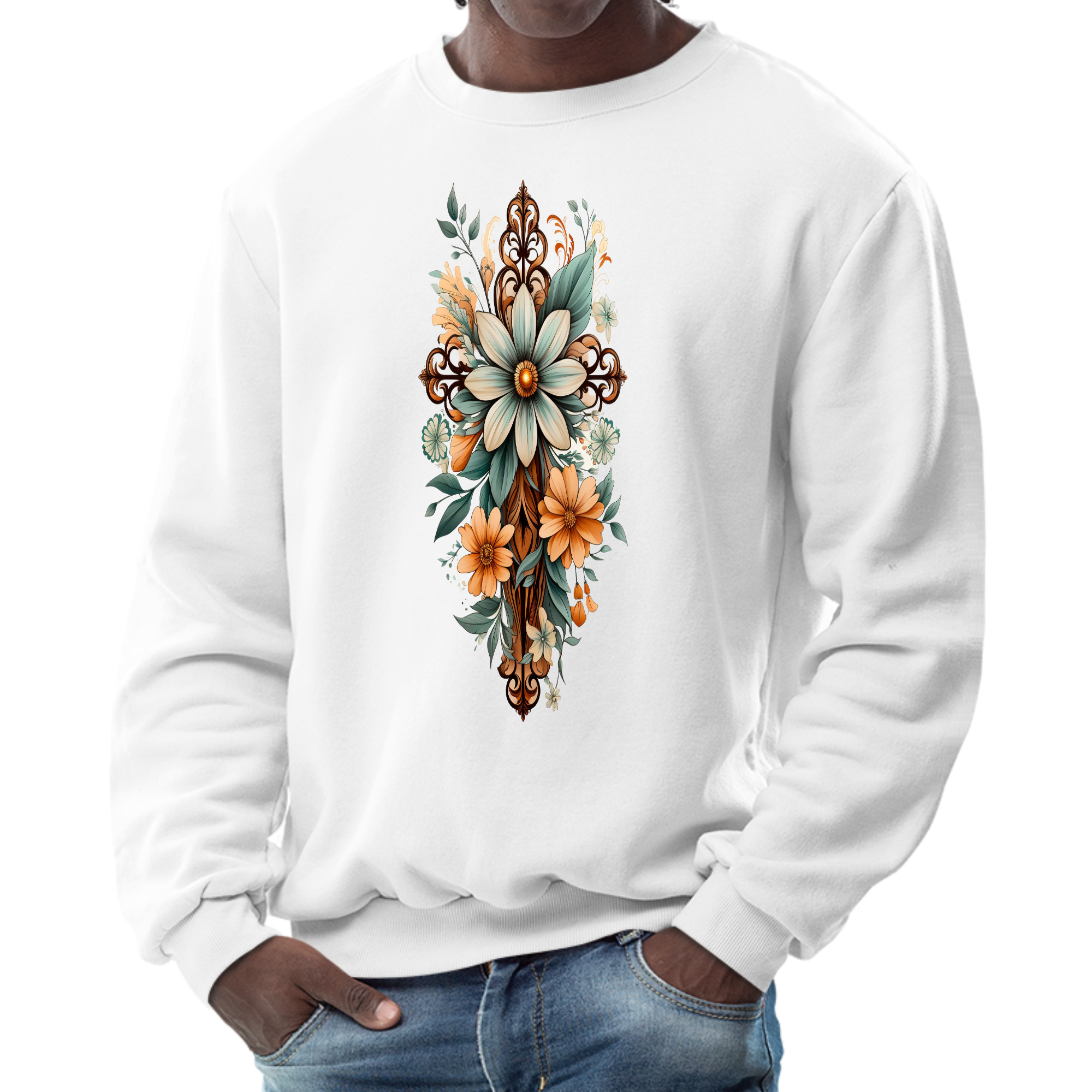 Men's long sleeve graphic sweatshirt in green with Christian Cross Floral Bouquet design, featuring ribbed collar and cuffs.