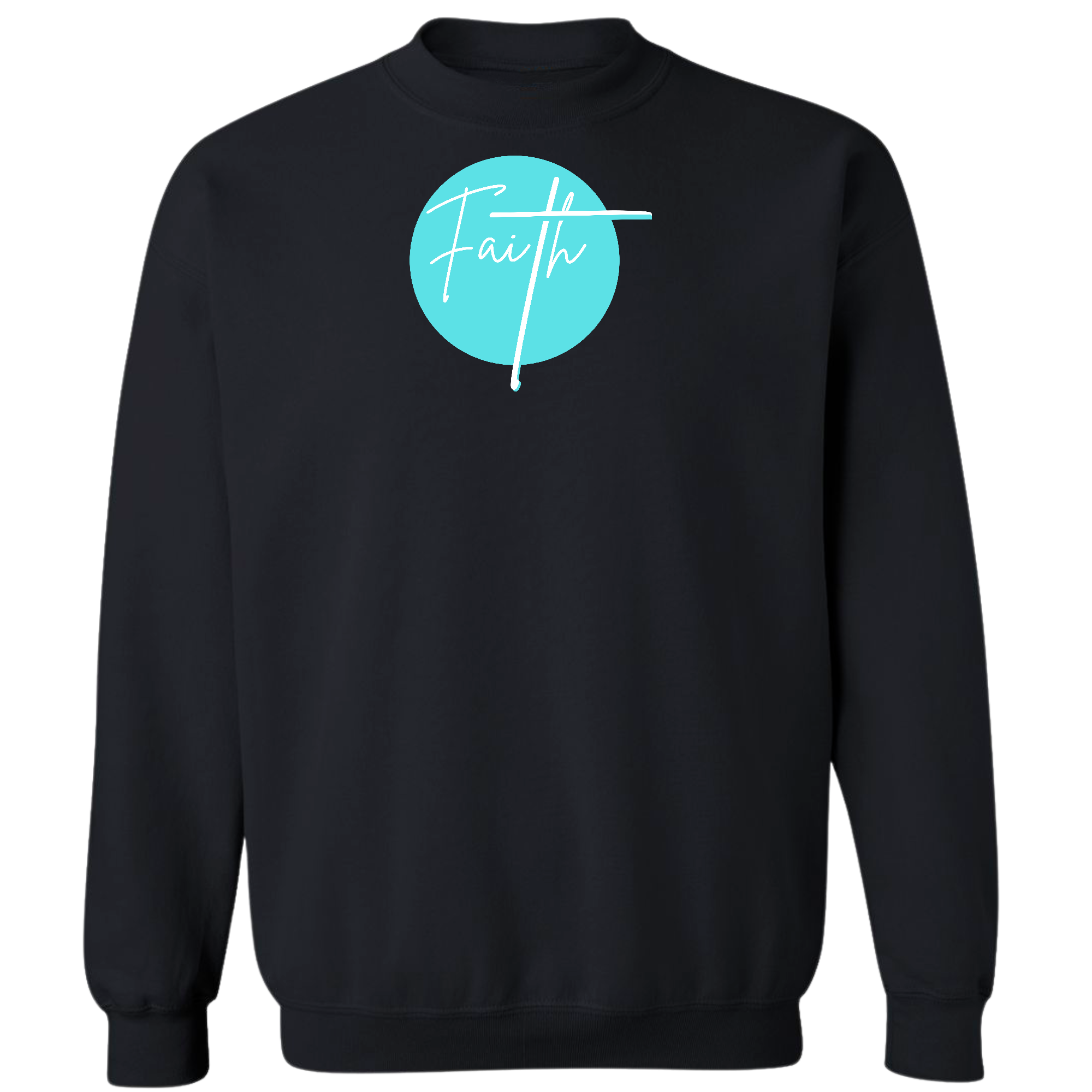 Men's cyan blue graphic sweatshirt with Christian affirmation design, featuring long sleeves and ribbed collar.