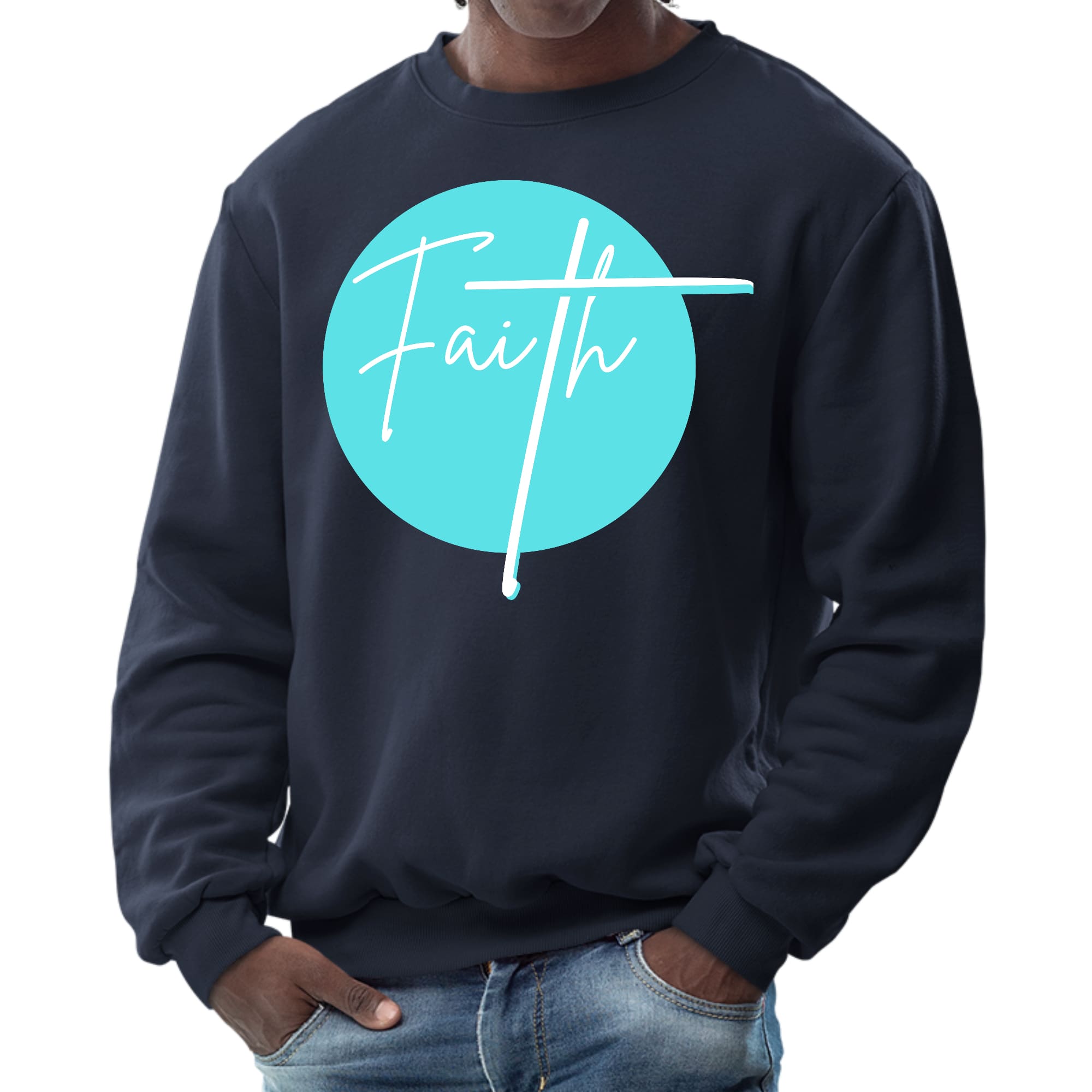 Men's cyan blue graphic sweatshirt with Christian affirmation design, featuring long sleeves and ribbed collar.