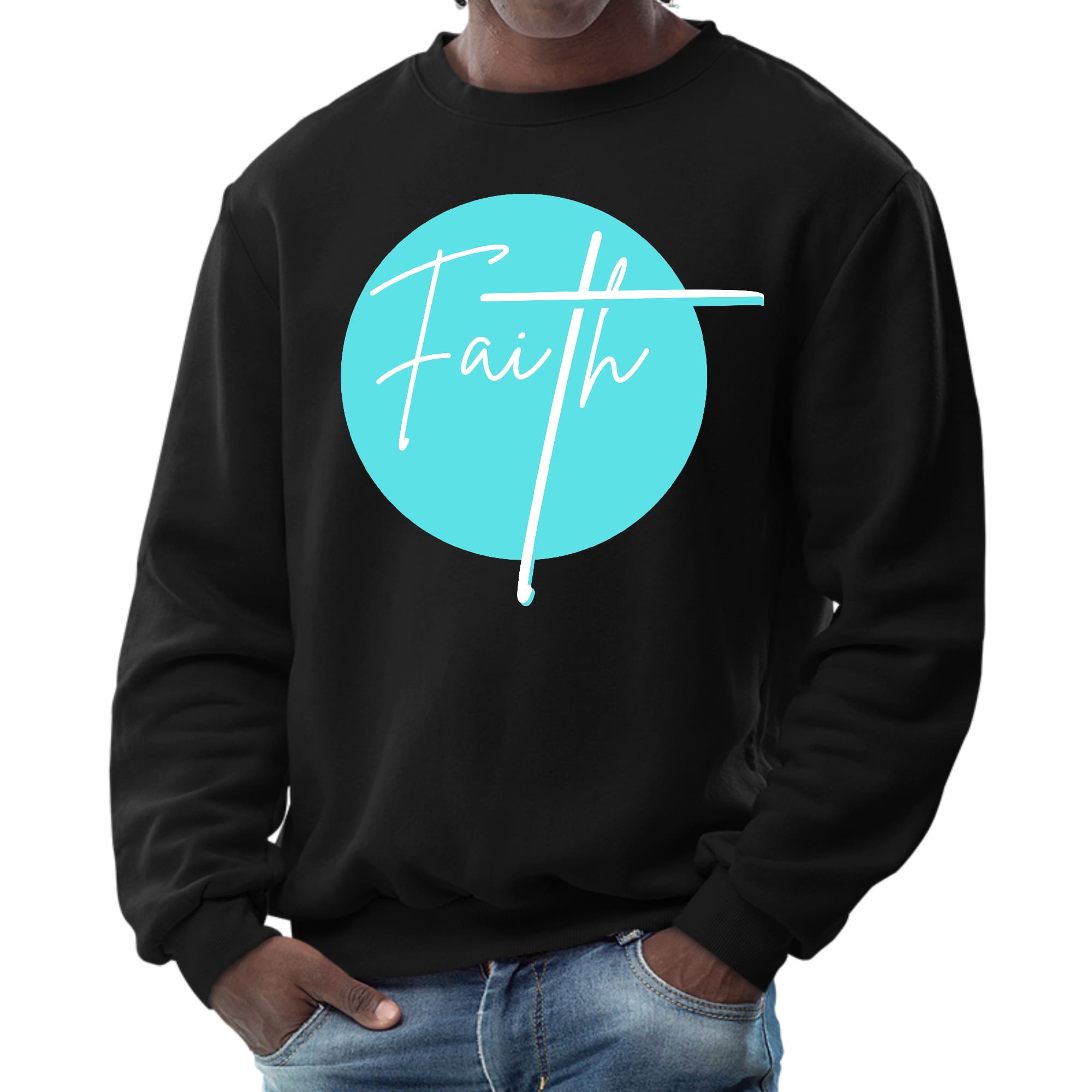 Men's cyan blue graphic sweatshirt with Christian affirmation design, featuring long sleeves and ribbed collar.