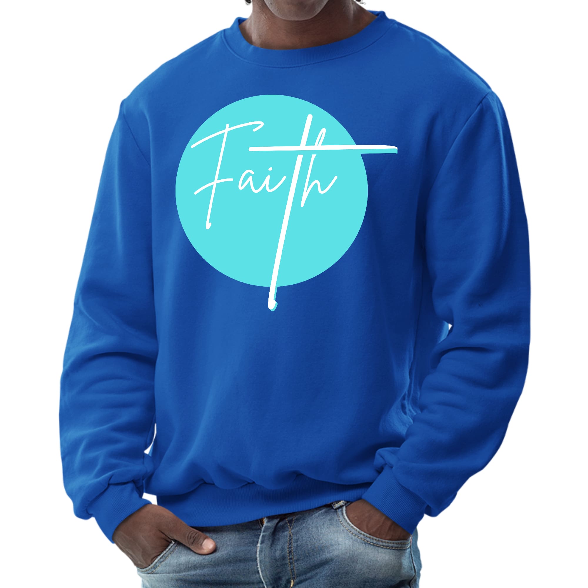 Men's cyan blue graphic sweatshirt with Christian affirmation design, featuring long sleeves and ribbed collar.